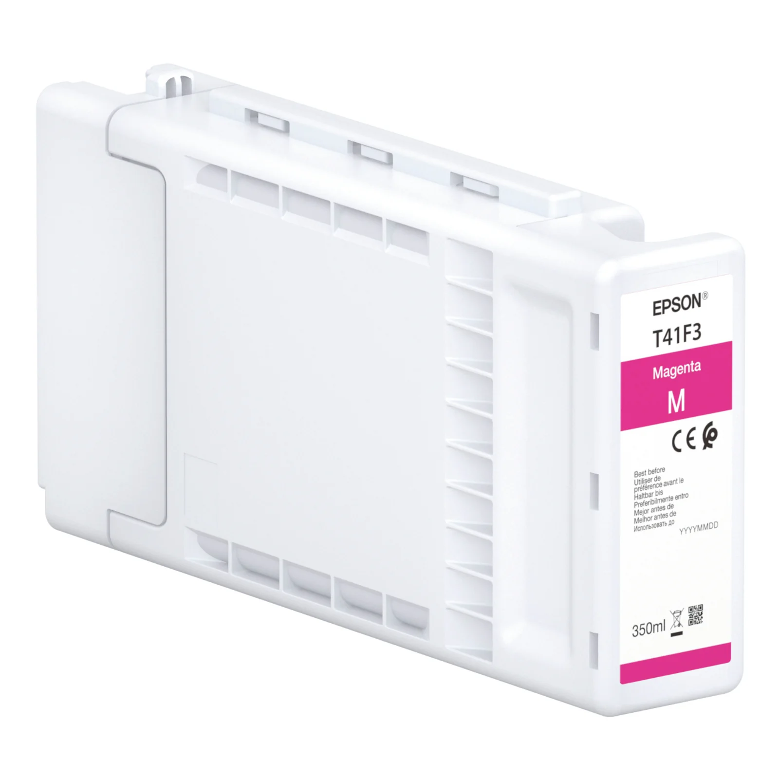 Cartouche d'encre Epson UltraChrome XD2 magenta T41F3 au format 350 ml présentée en perspective sur fond blanc