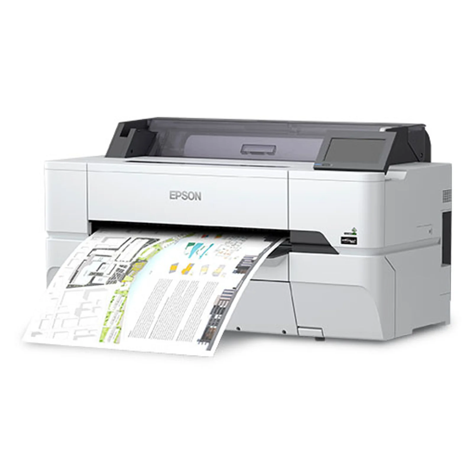 Traceur grand format Epson 24 pouces blanc vu de trois quarts sans support au sol avec un plan en sortie en bac de réception