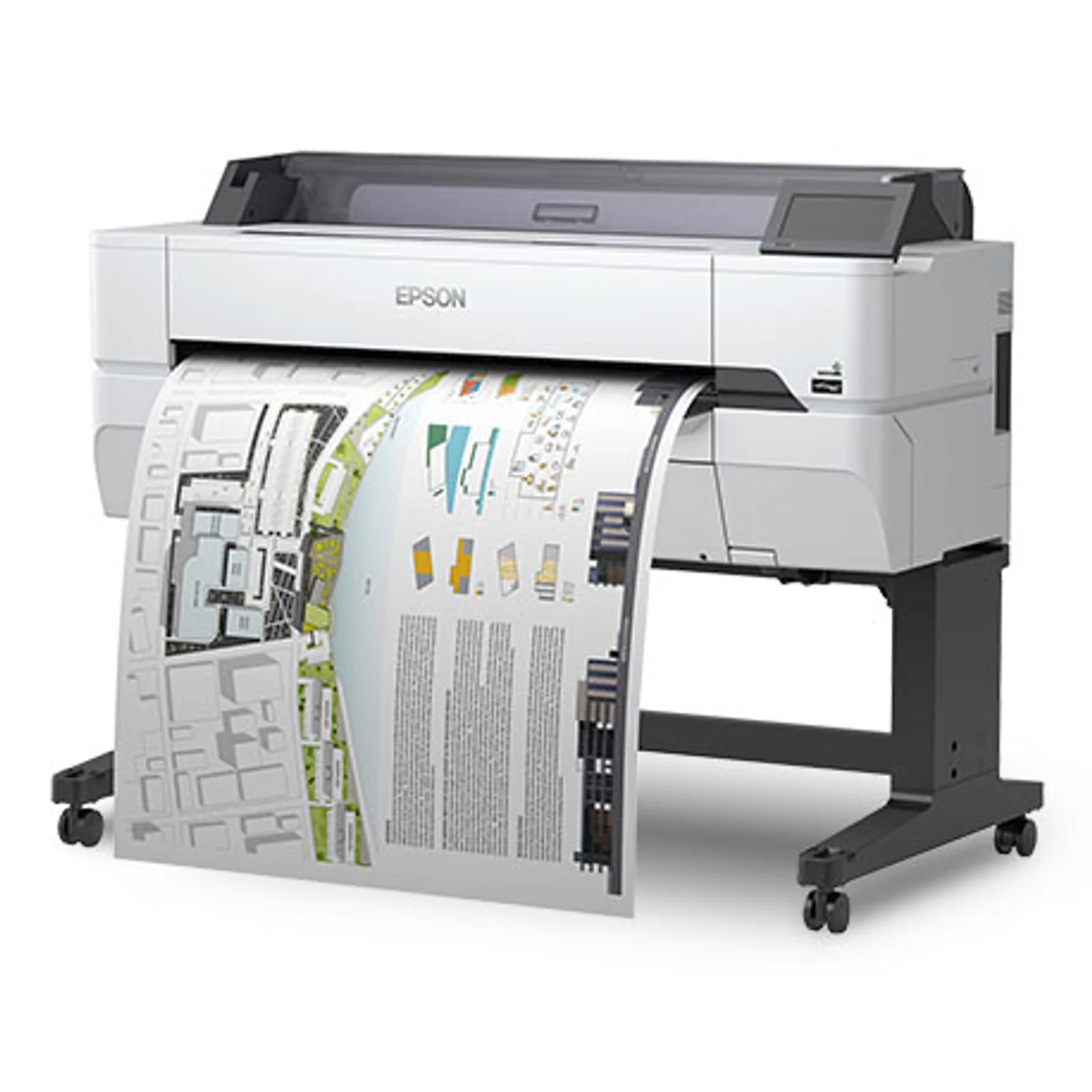 Traceur grand format Epson blanc avec sortie de plan architectural couleur enroulé devant le bac de réception, posé sur support roulant
