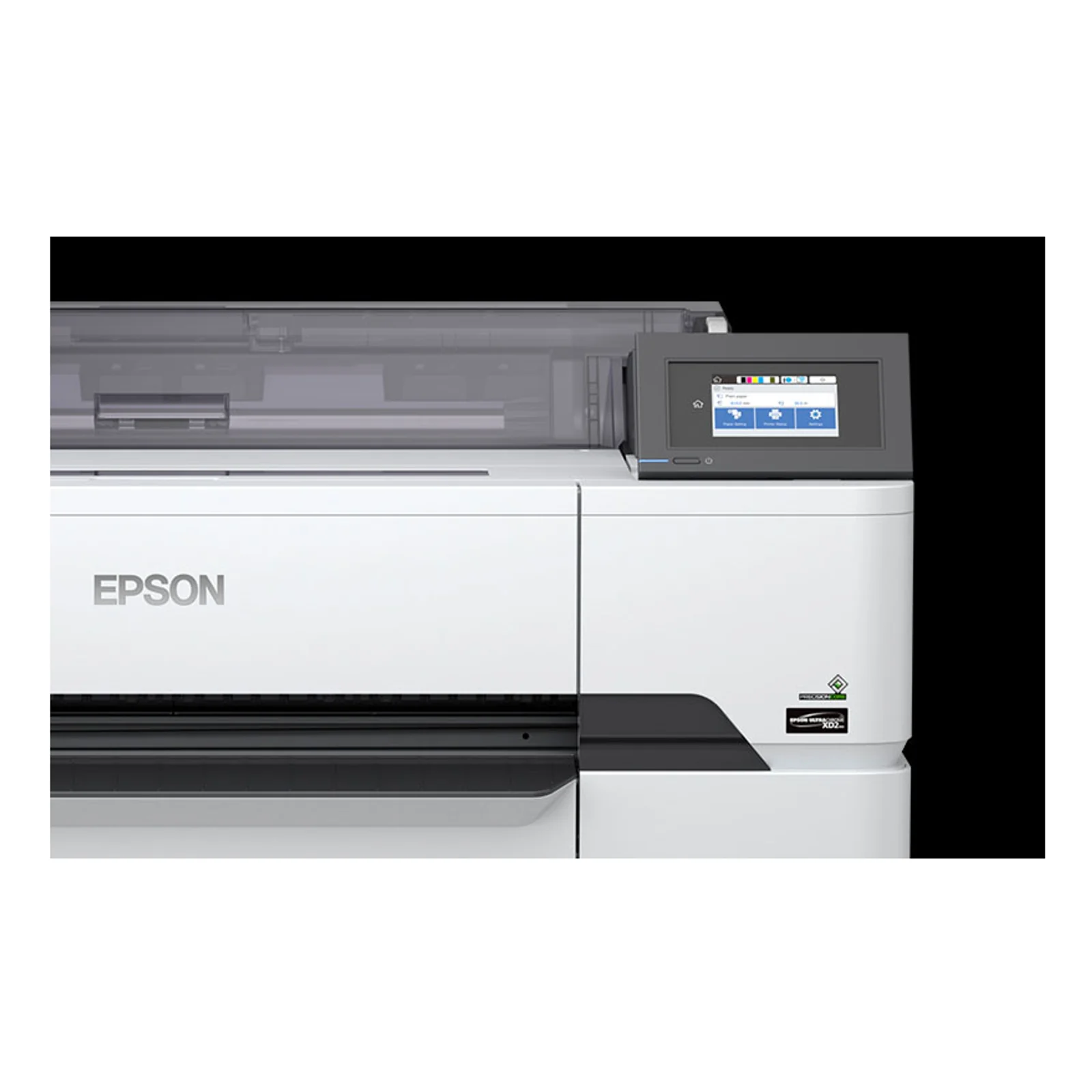 Détail du panneau frontal du traceur Epson avec écran couleur tactile 4,3 pouces et logo PrecisionCore UltraChrome XD2