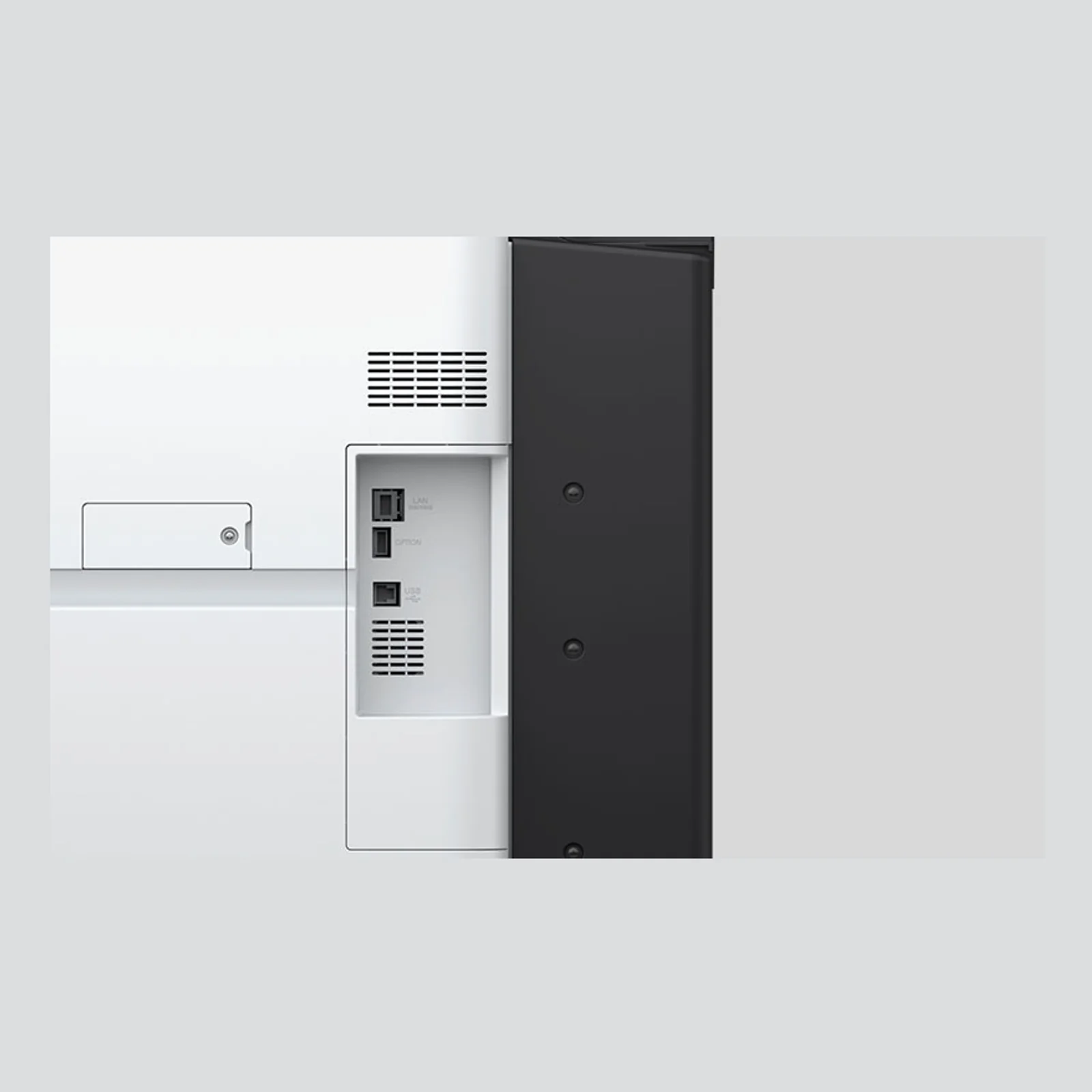 Vue arrière du traceur grand format Epson montrant les ports LAN Ethernet, USB et un connecteur Option avec grille d'aération