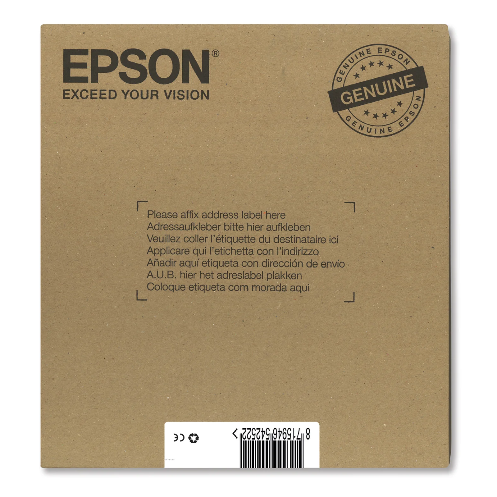 Verso de l'emballage Easy Mail Epson T0715 avec sceau Genuine et zone d'étiquette d'expédition