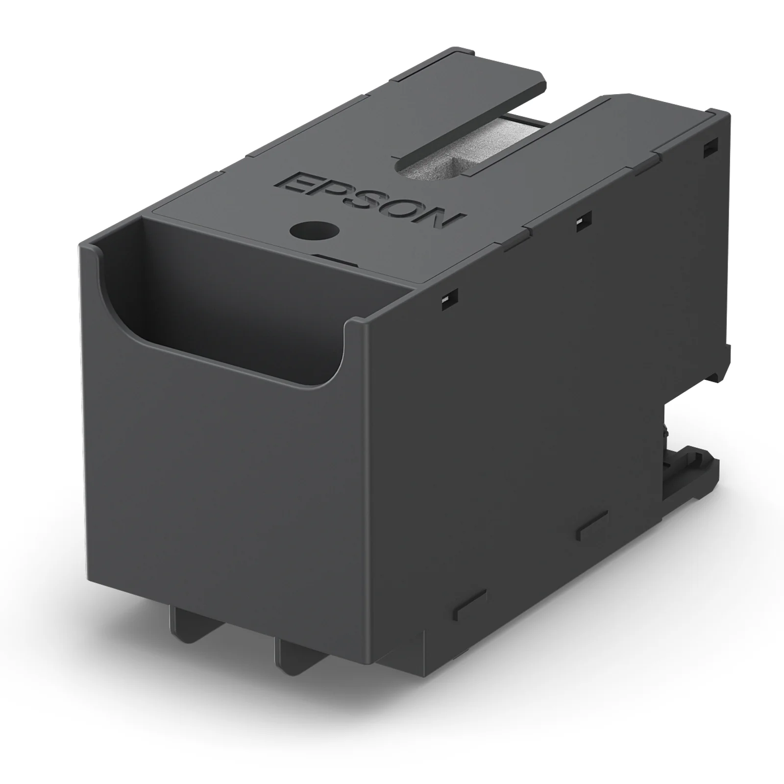 Vue alternative de la boîte de maintenance noire Epson montrant le compartiment latéral d'absorption et les rails de fixation arrière