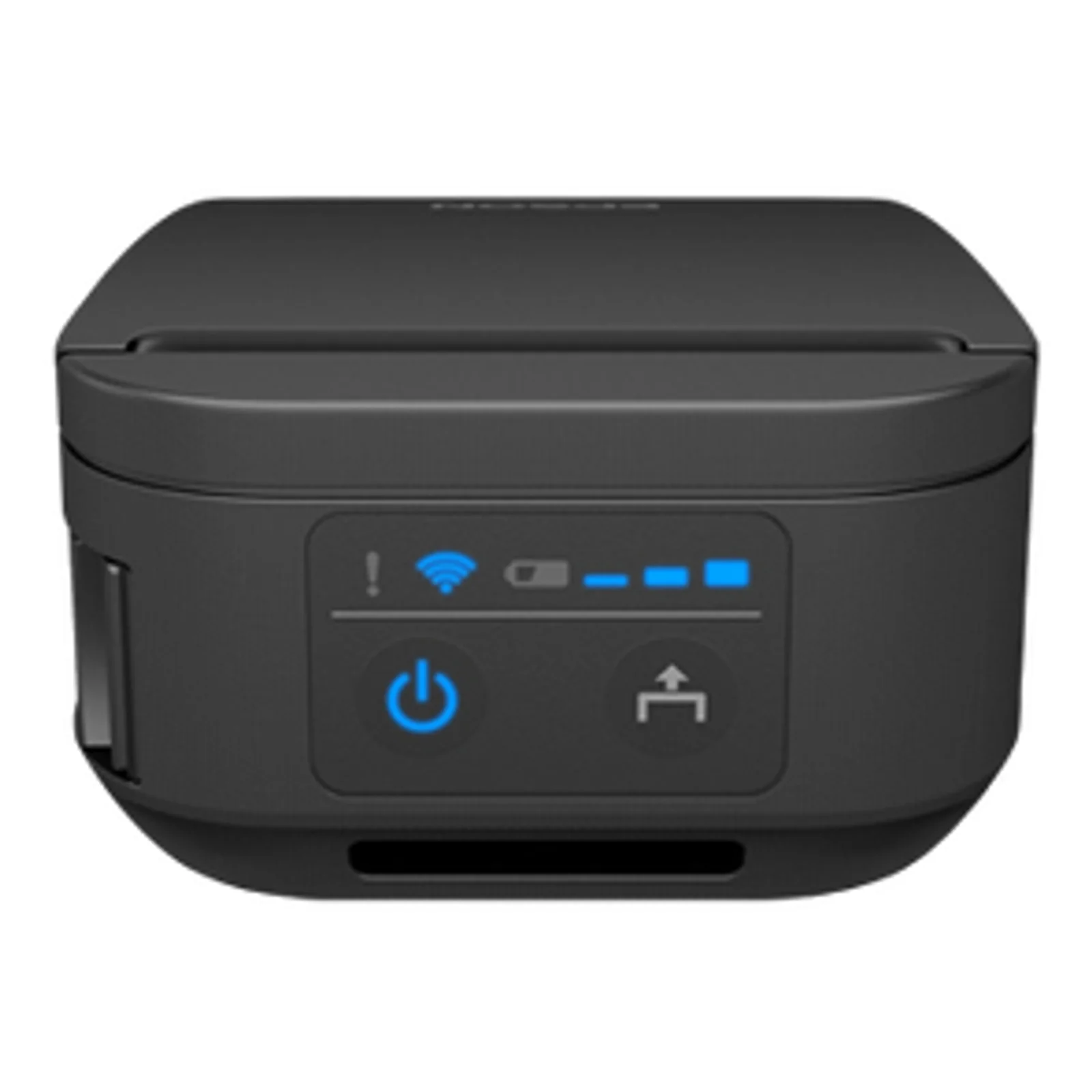 Détail du panneau de commande avec voyants Wi-Fi et batterie, bouton d'alimentation et bouton d'avance papier rétroéclairés en bleu