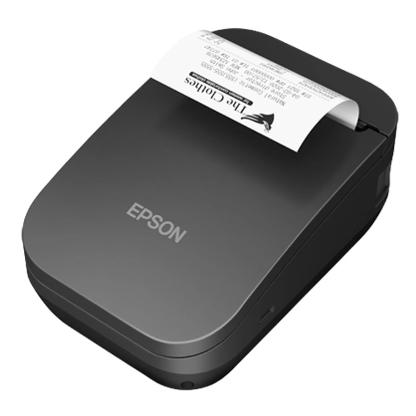 Epson TM-P80II AC vue trois quarts avec ticket de caisse 80 mm sortant du capot supérieur