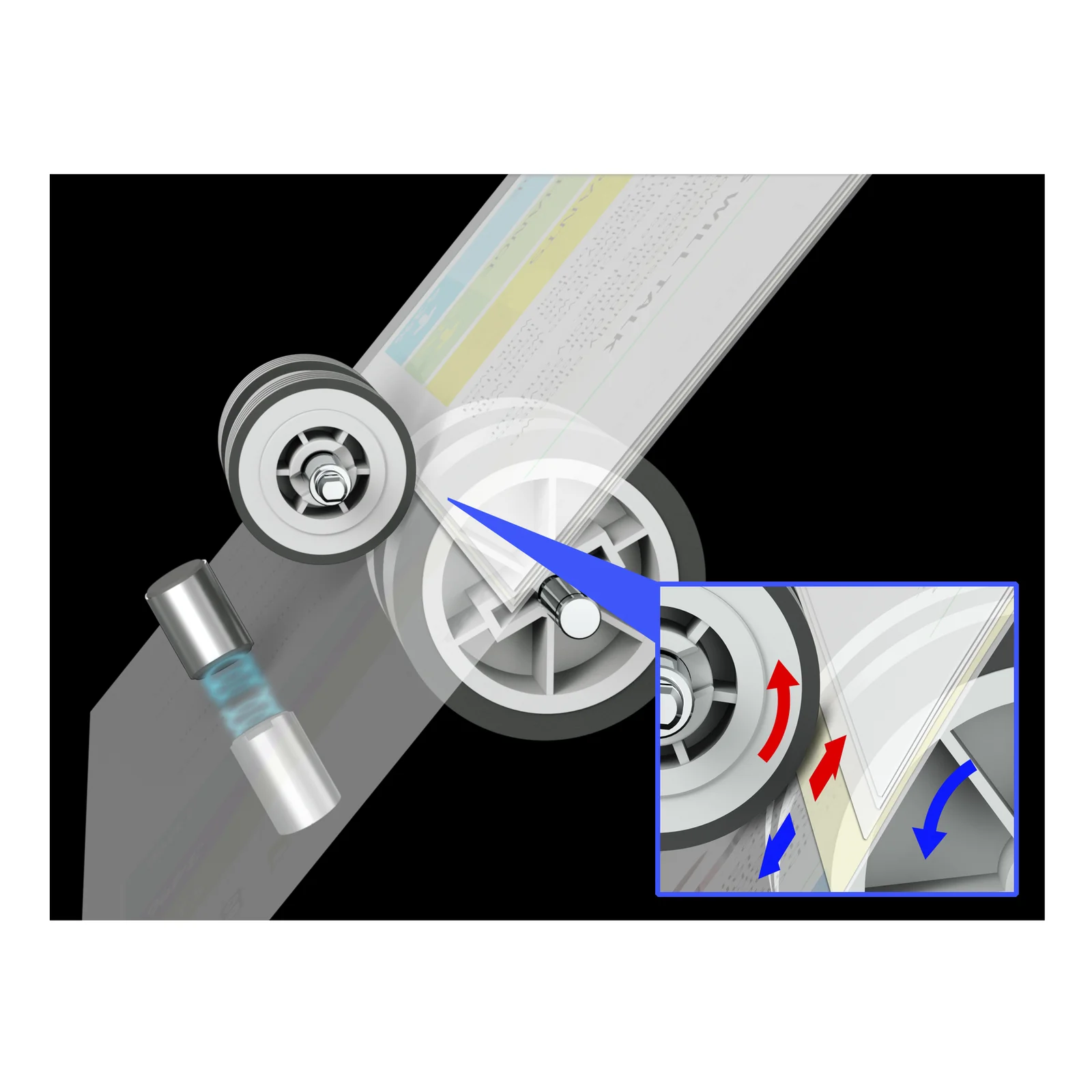 Schéma technique du capteur ultrasonique du DS-770II avec rouleaux d'alimentation et flèches indiquant la séparation des feuilles