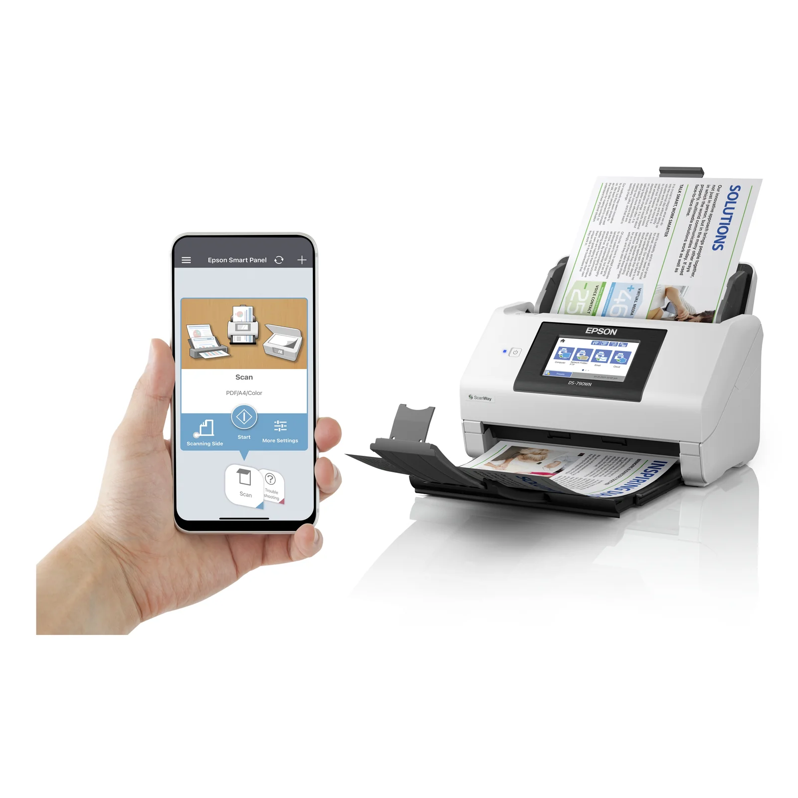 Scanner Epson DS-790WN piloté depuis un smartphone via l'application Epson Smart Panel