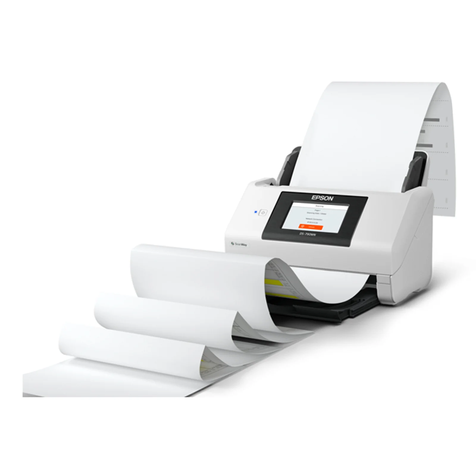Scanner Epson DS-790WN dans un bureau professionnel numérisant un document confidentiel
