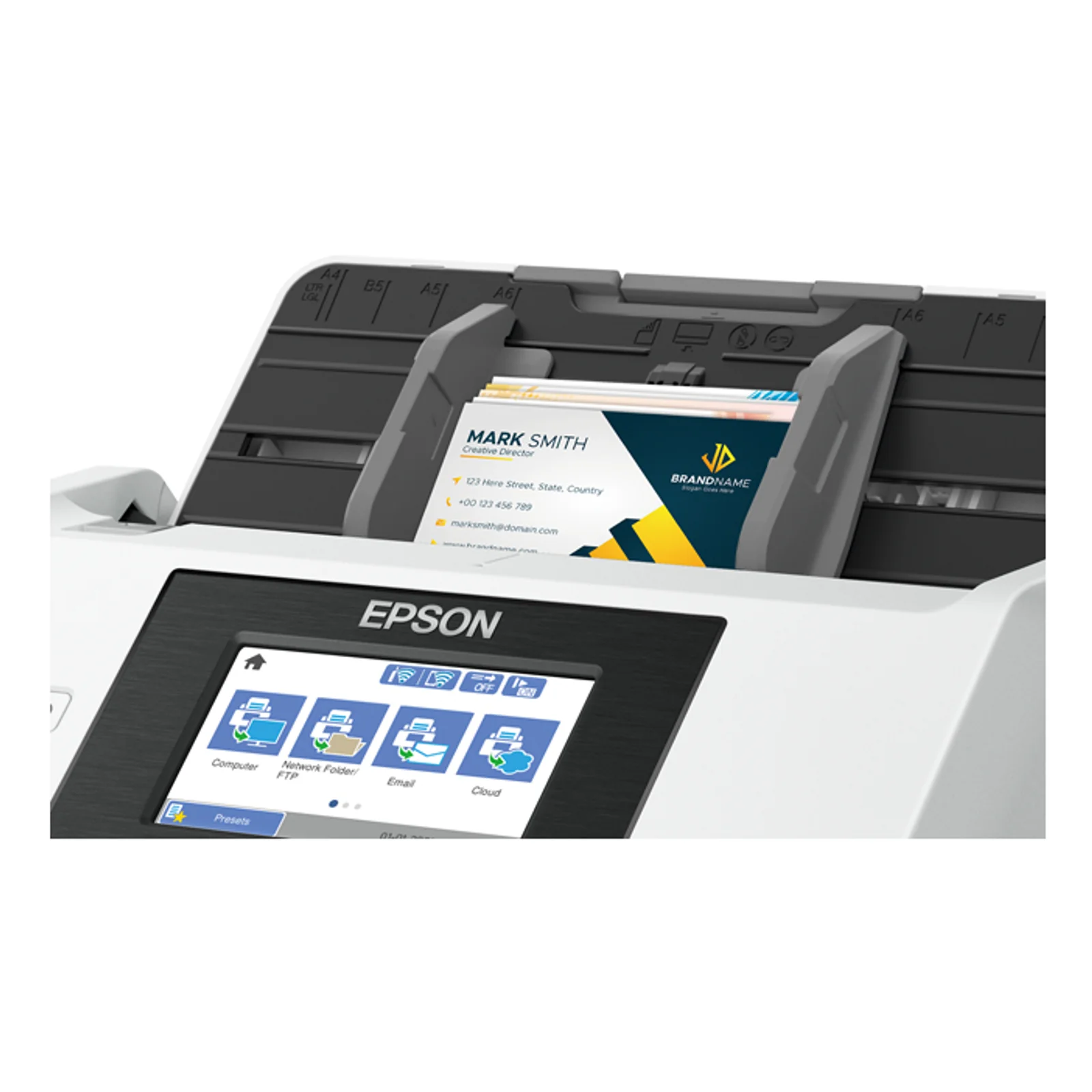 Détail du chargeur ADF de l'Epson DS-790WN avec carte de visite et écran tactile