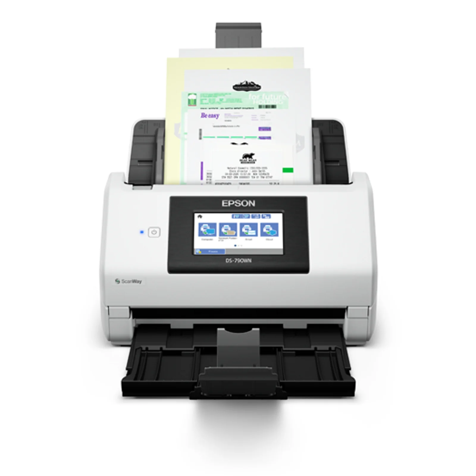 Scanner Epson DS-790WN vue de face avec documents factures et courrier dans l'ADF