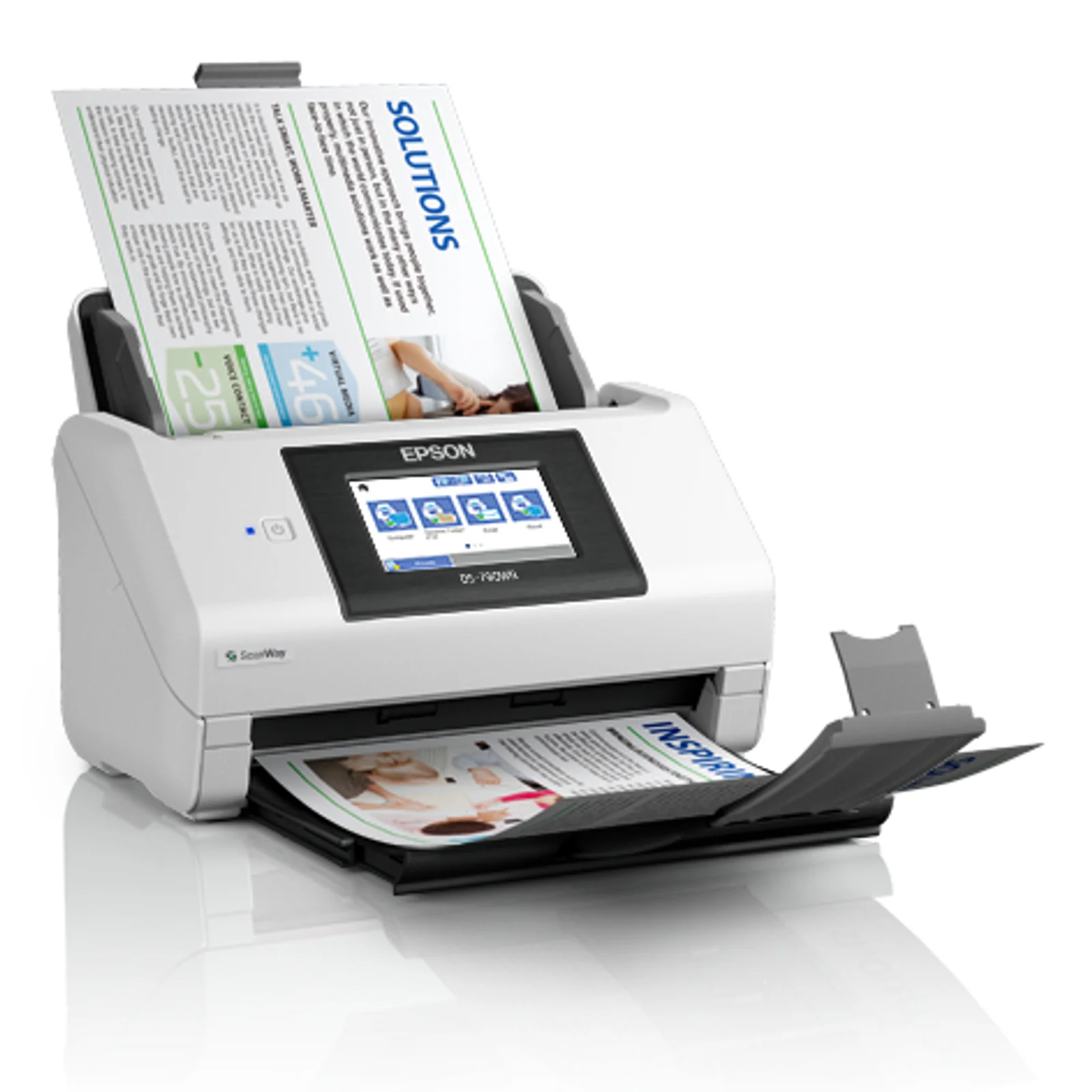 Scanner Epson DS-790WN trois quarts avec documents en sortie et bac déployé