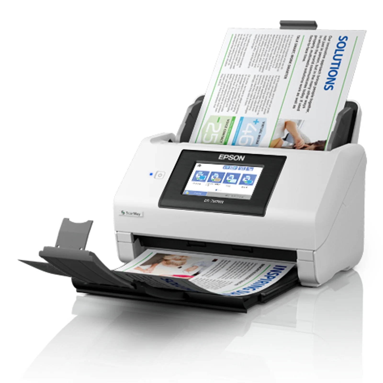 Scanner Epson DS-790WN trois quarts en pleine numérisation avec documents