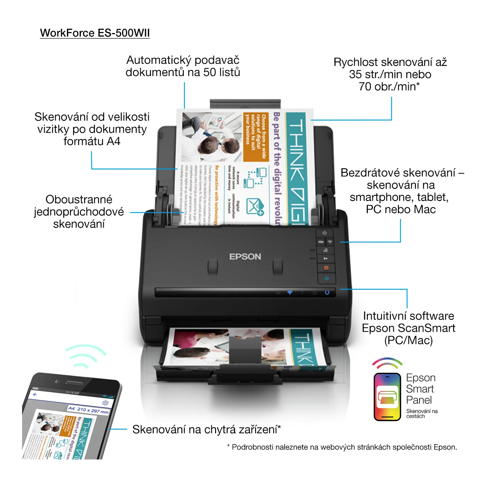 Epson WorkForce ES-500WII Alimentation papier de scanner 600 x 600 DPI A4 Noir