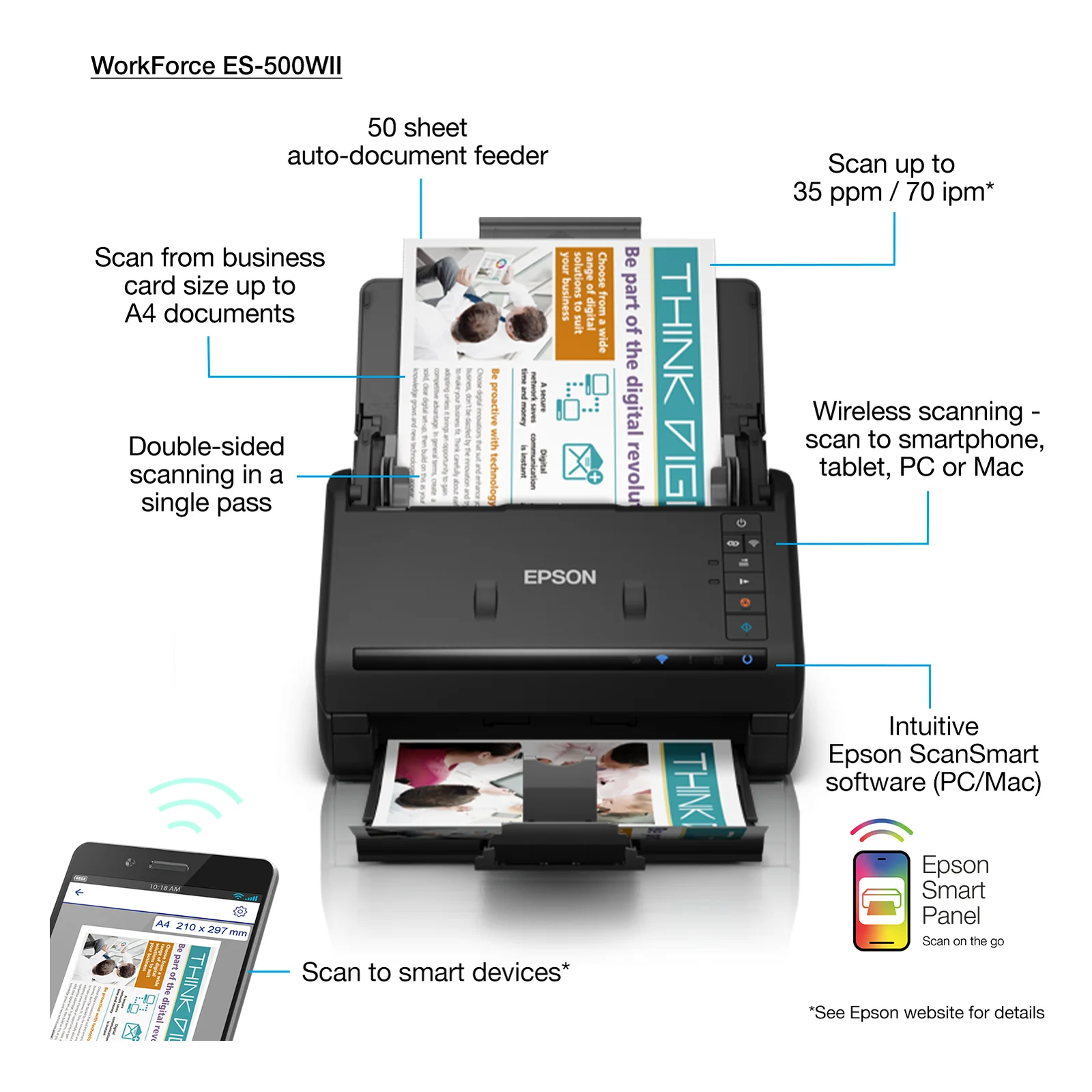 Epson WorkForce ES-500WII Alimentation papier de scanner 600 x 600 DPI A4 Noir