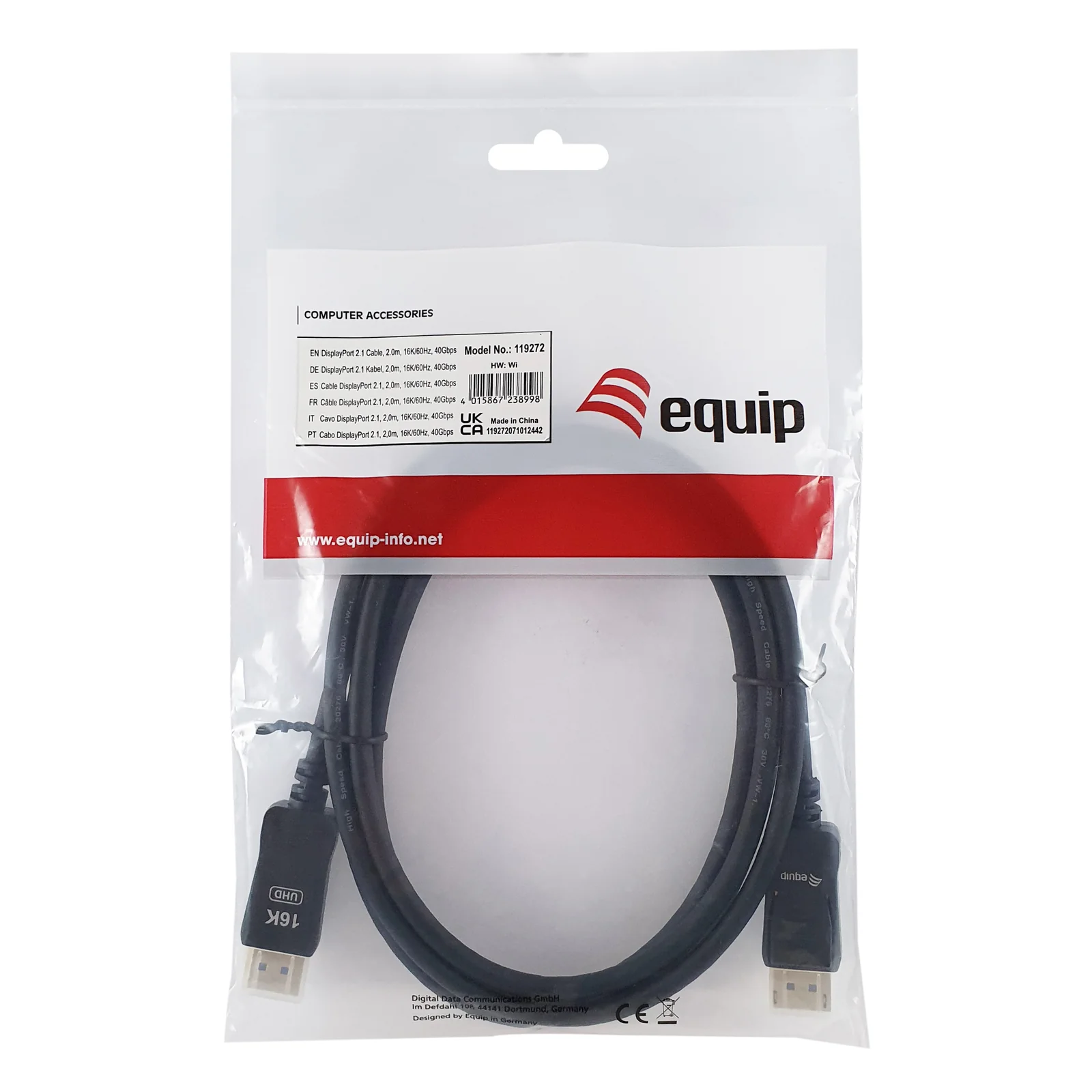 Equip 119272 Câble DisplayPort 2.1, 2.0m, 16K/60Hz, 40Gbps