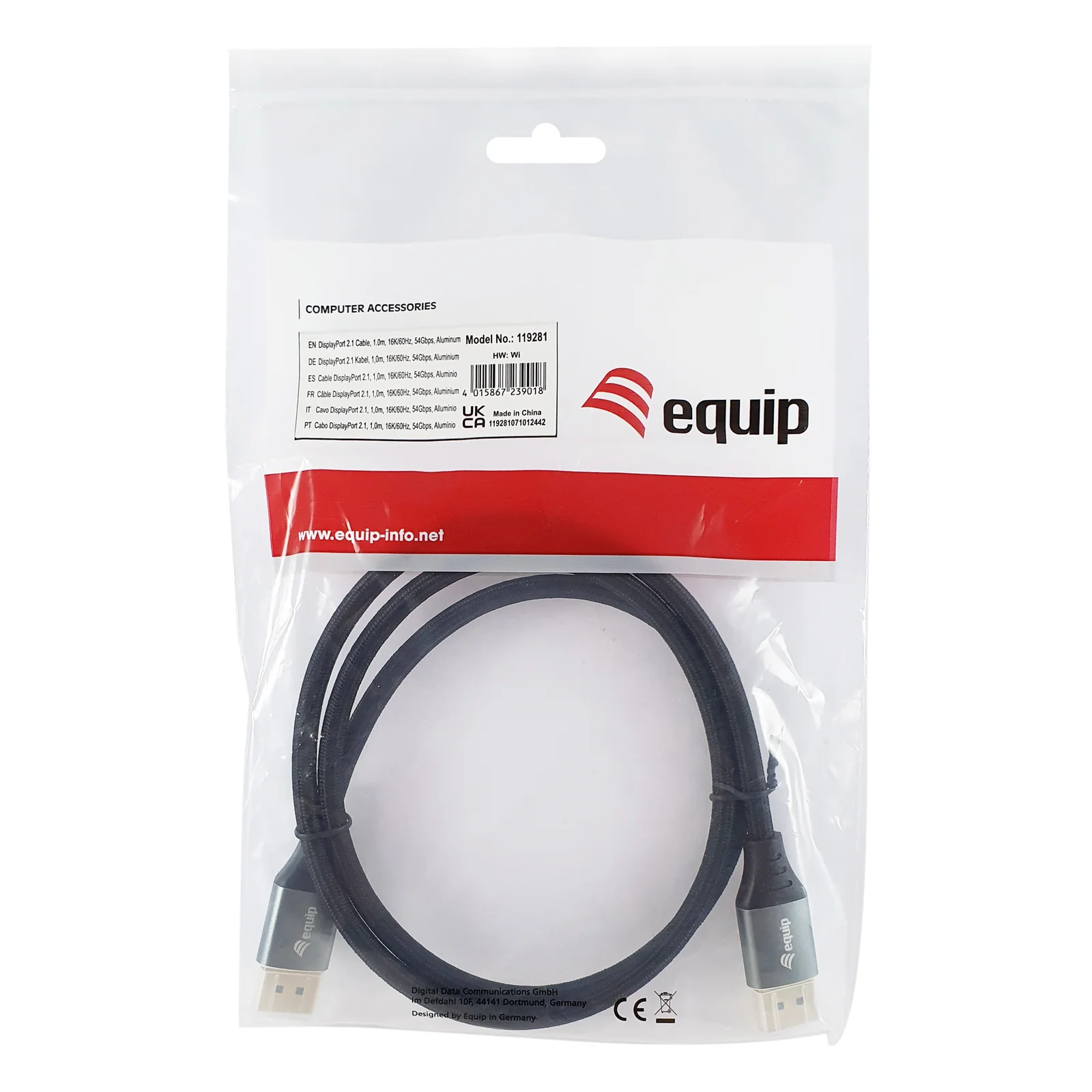 Equip 119281 Câble DisplayPort 2.1 Premium, 1.0m, 16K/60Hz, 54Gbps