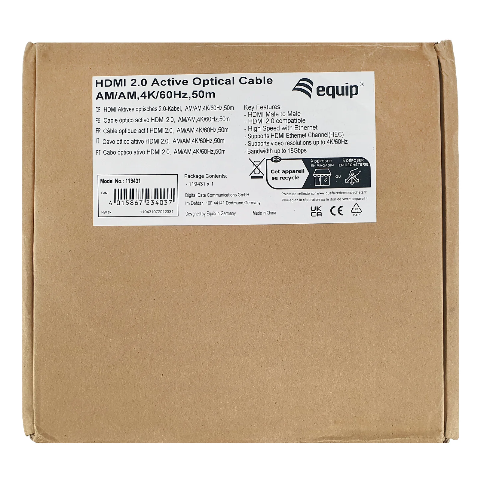 Equip 119433 Câble optique actif HDMI 2.0, 100m, 4K/60Hz