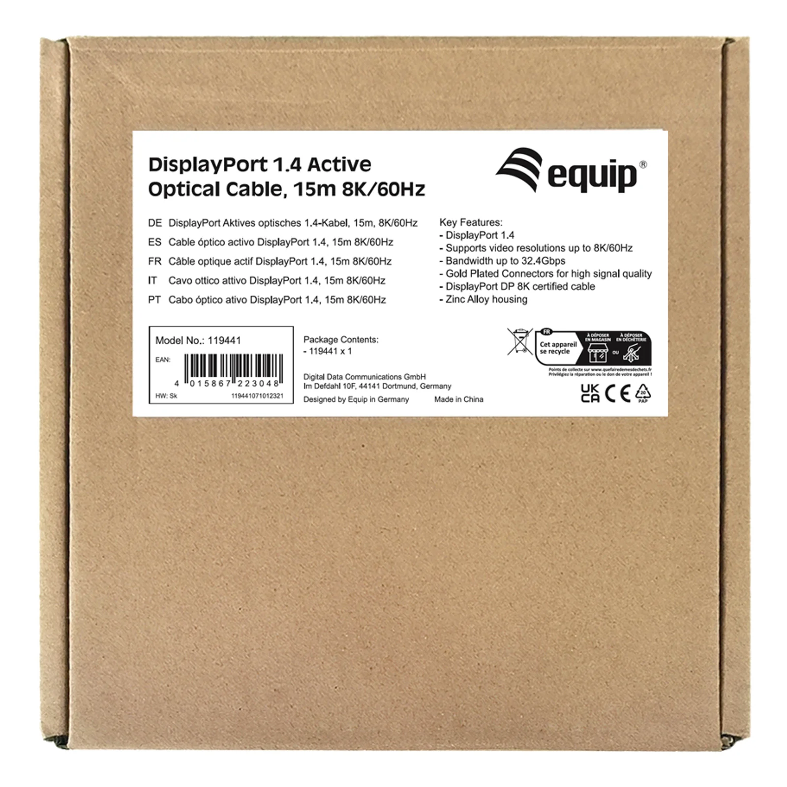 Equip 119441 Câble optique actif DisplayPort 1.4, 15m, 8K/60Hz