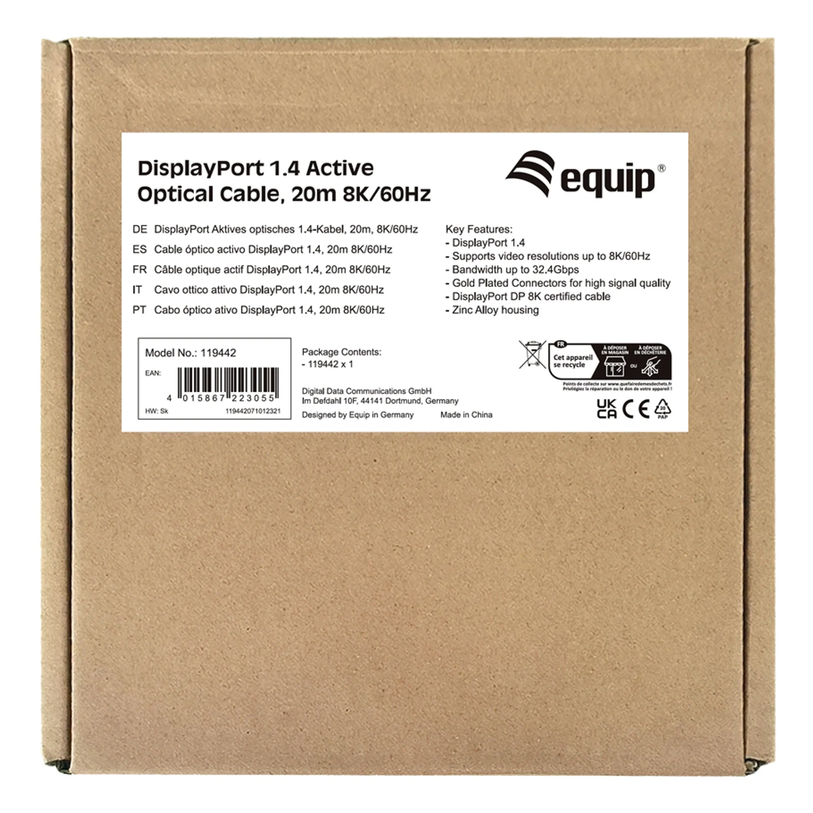 Equip 119442 Câble optique actif DisplayPort 1.4, 20m, 8K/60Hz