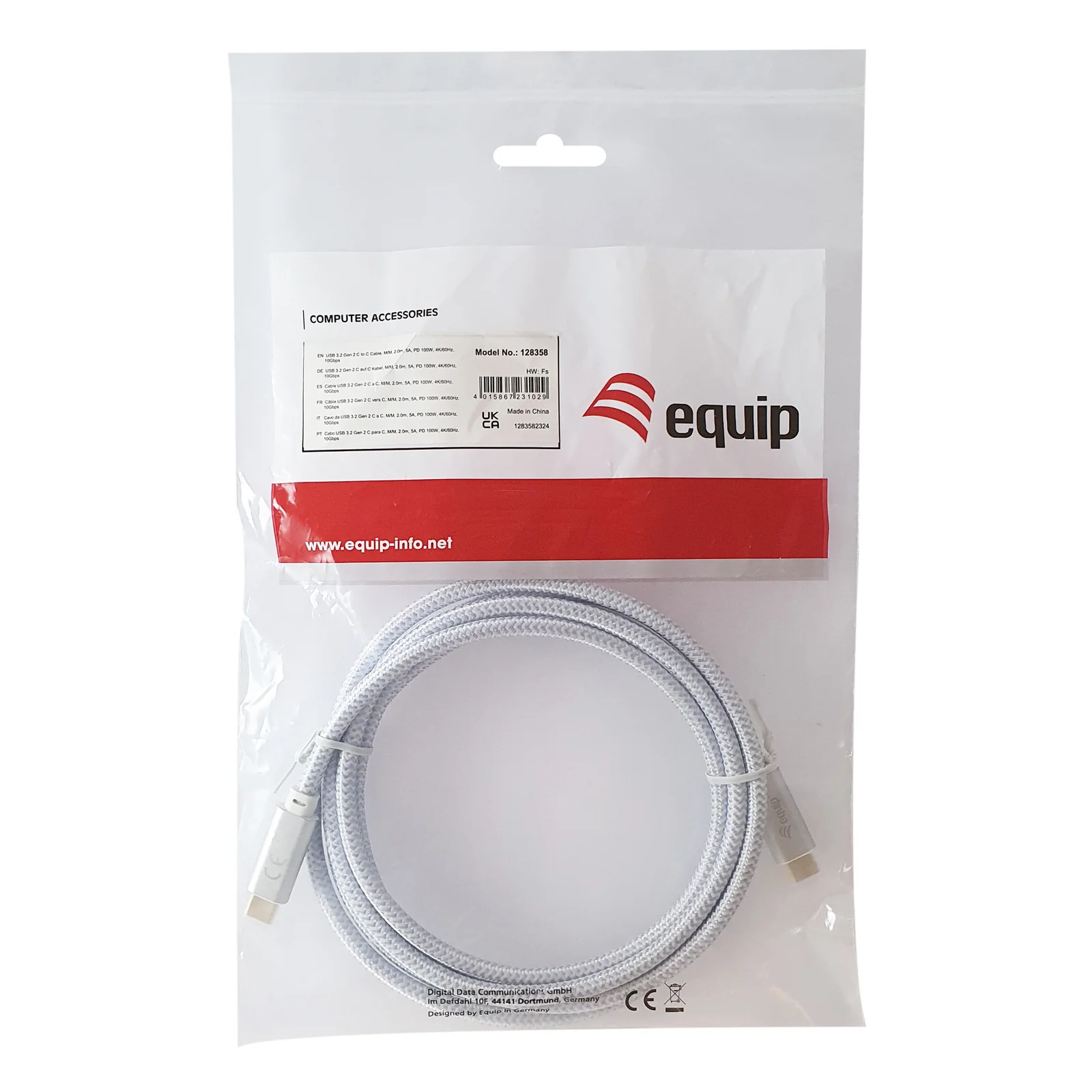 Equip 128360 Câble USB 3.2 Gen 2 C vers C, M/M, 3.0m, PD 100W, 4K/60Hz, 10Gbps, blanc