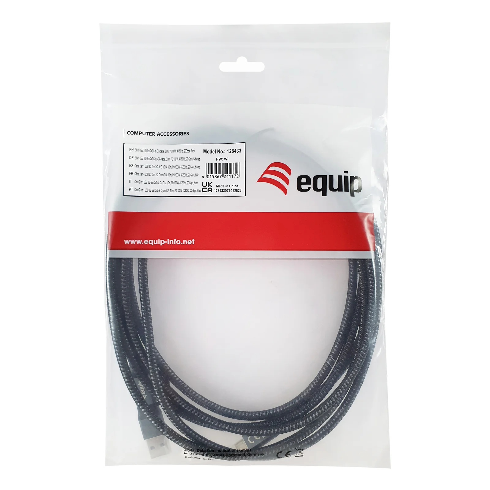Equip 128433 câble USB USB 3.2 Gen 2x2 3 m USB A/USB C USB C 20 Gbit/s 100 W Noir