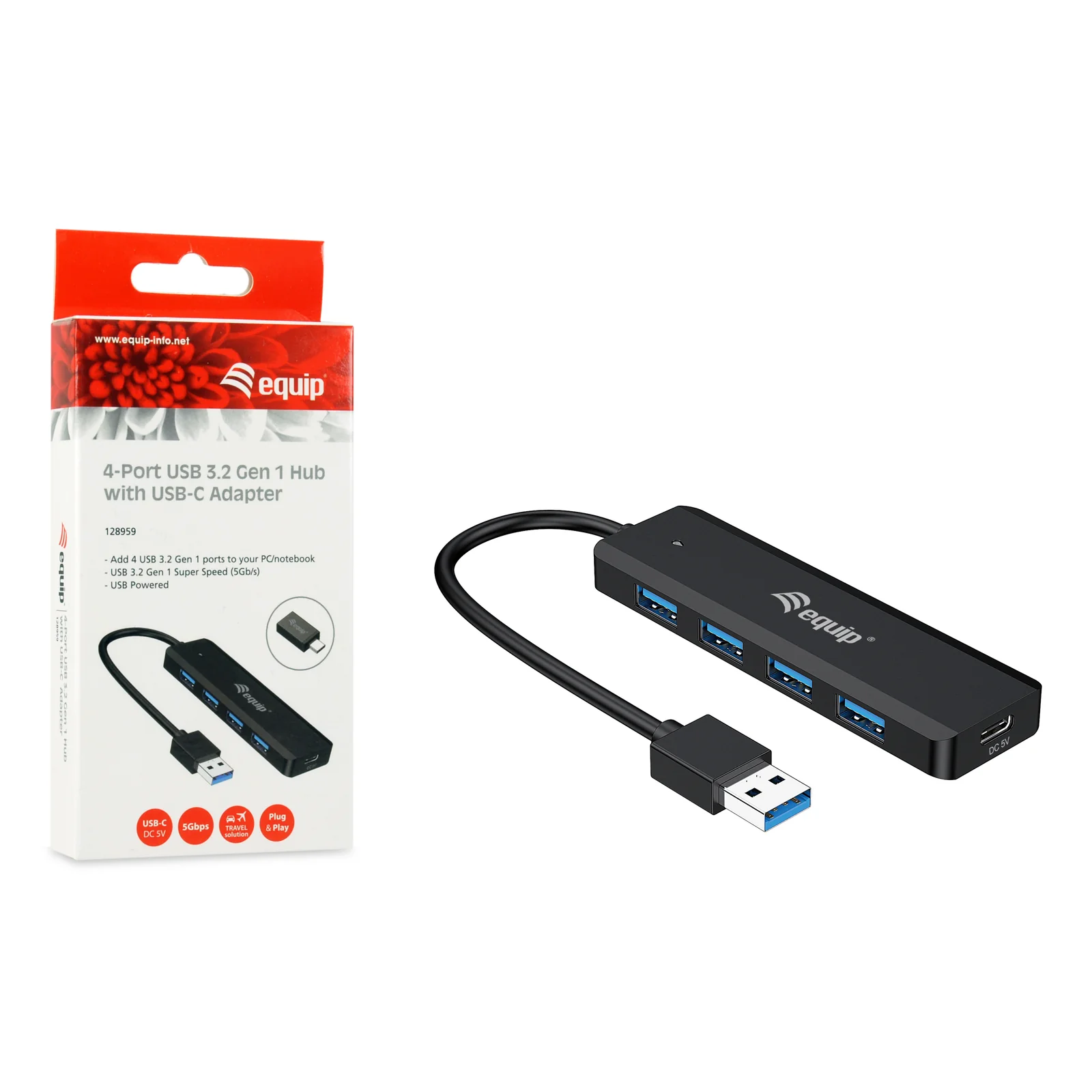 Equip 128959 hub & concentrateur USB 3.2 Gen 1 (3.1 Gen 1) Type-A 5000 Mbit/s Noir