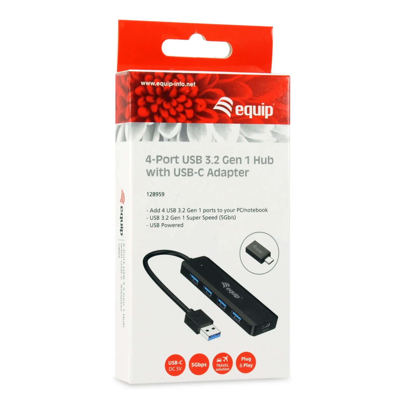 Equip 128959 hub & concentrateur USB 3.2 Gen 1 (3.1 Gen 1) Type-A 5000 Mbit/s Noir