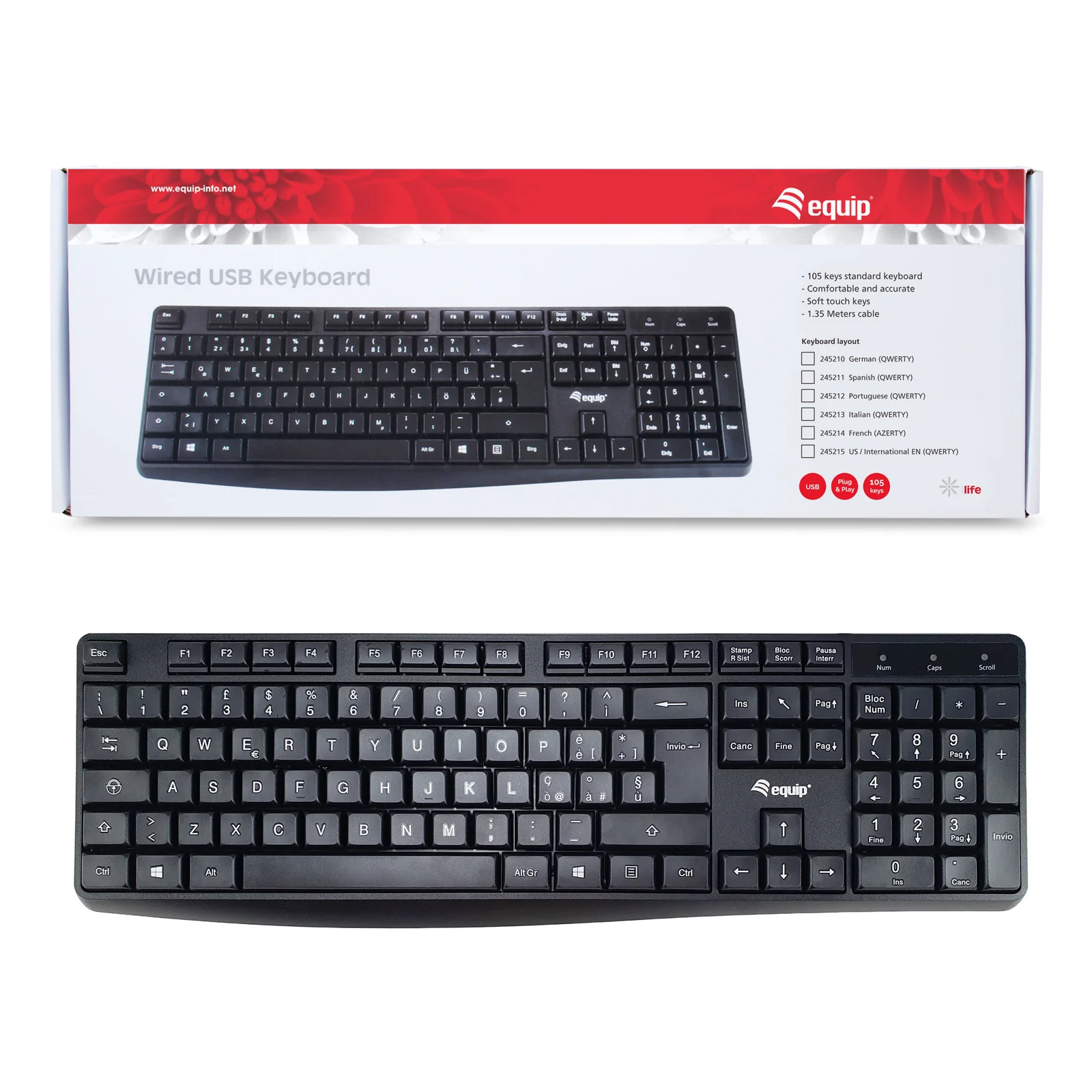 Equip 245213 clavier Bureau USB QWERTY Italien Noir