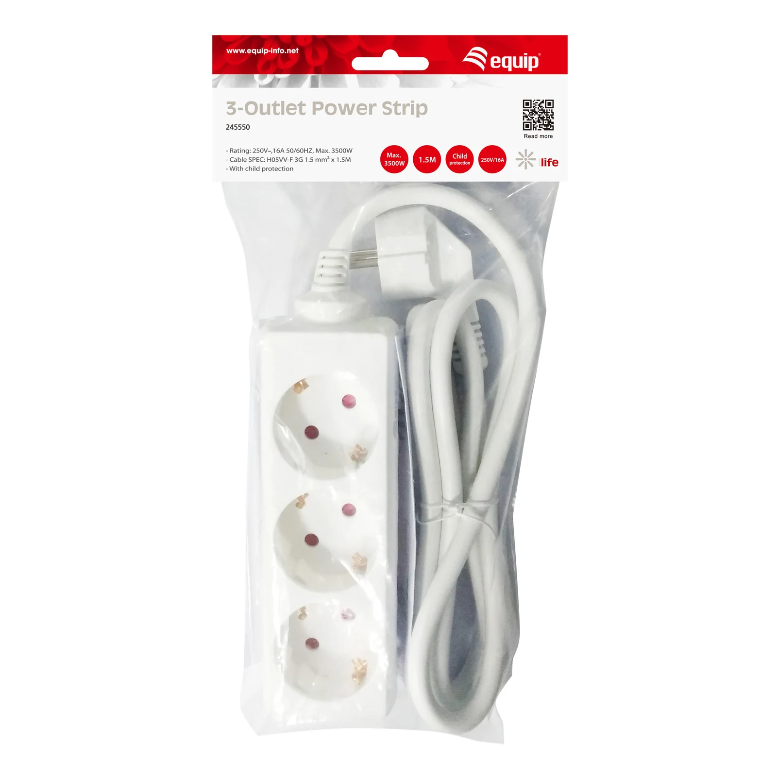 Equip 245550 multiprise 1,5 m 3 sortie(s) CA Intérieure Blanc