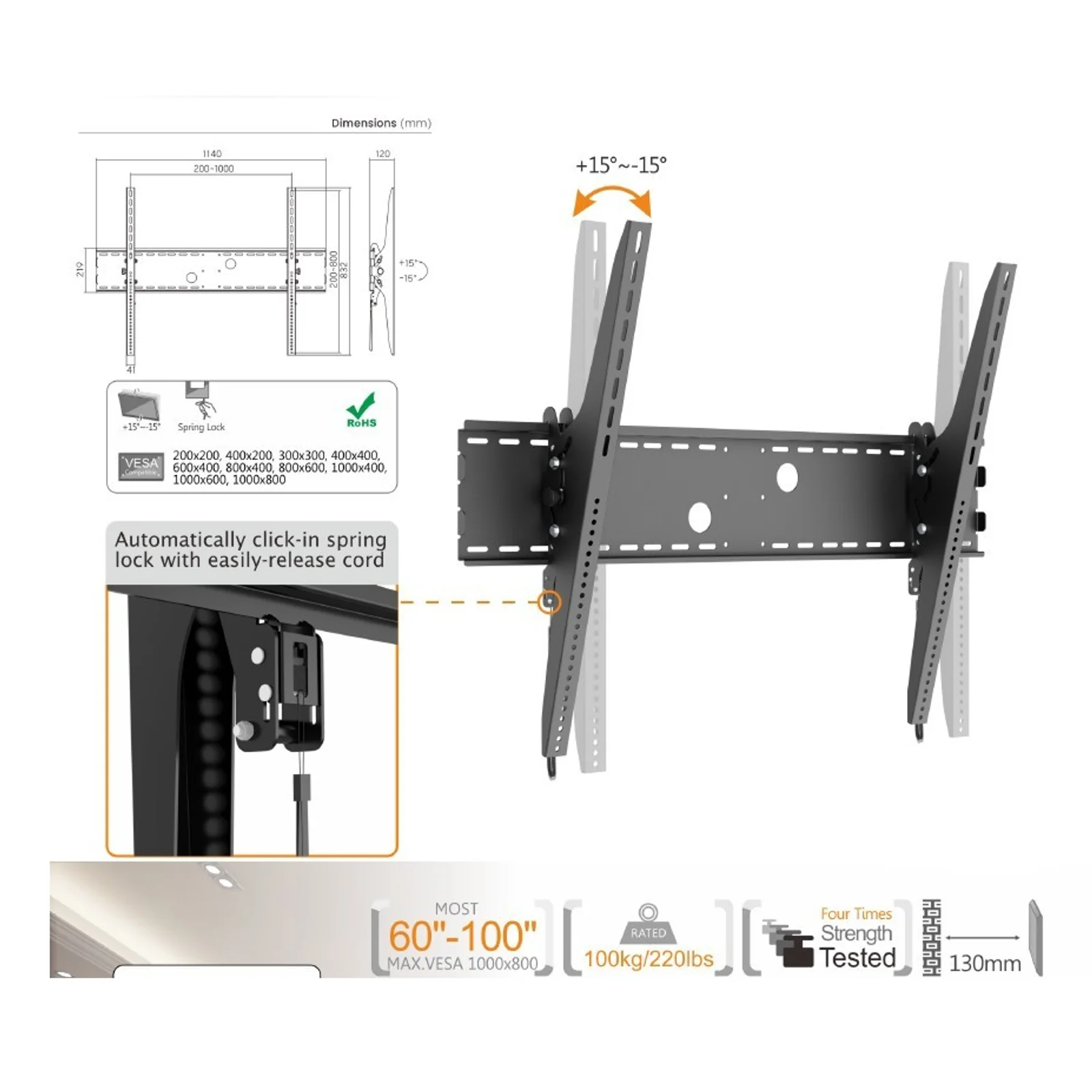 Equip 650322 Support mural inclinable et incurvé pour TV 60"-100