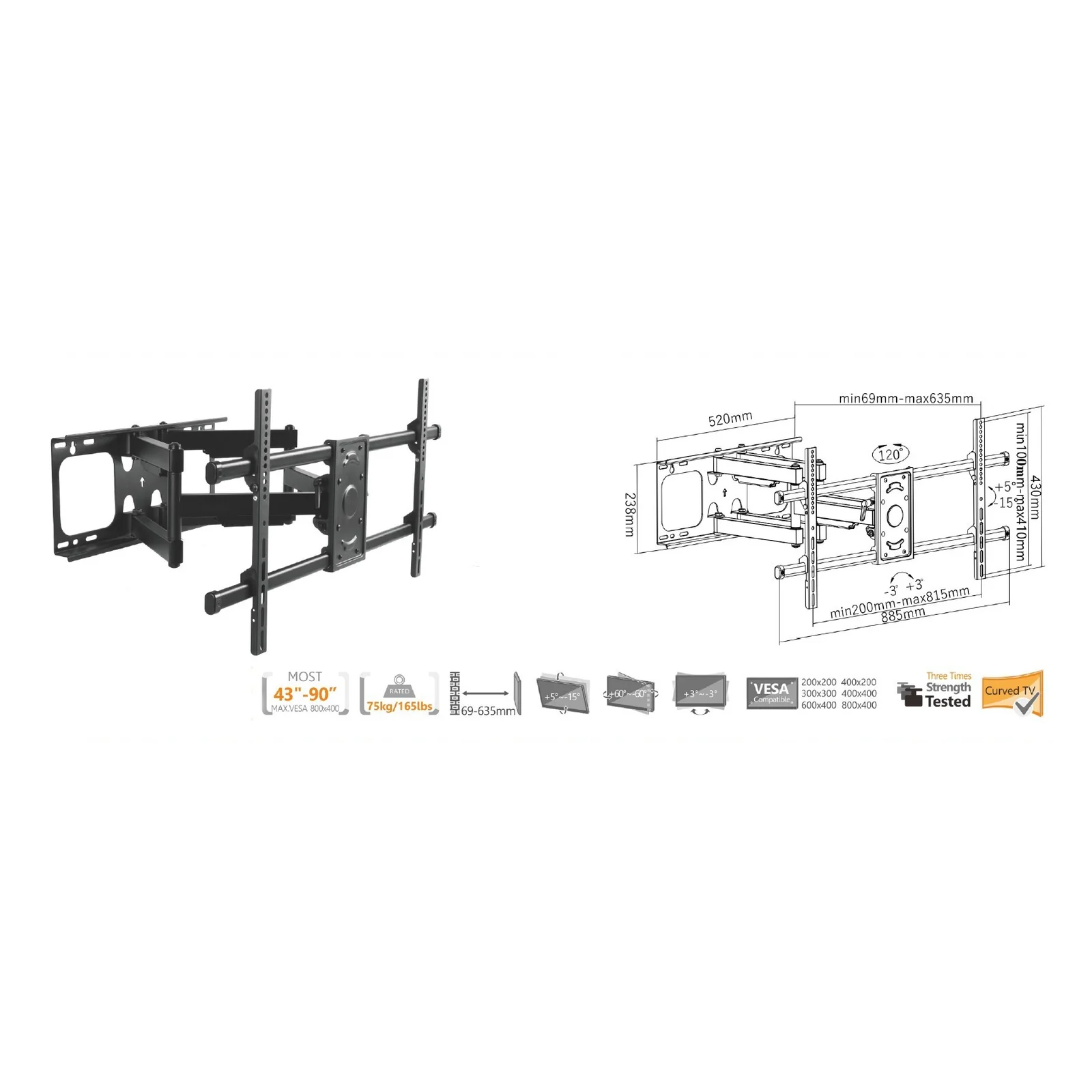 Equip 650324 Support mural inclinable et pivotant pour TV 37"-90