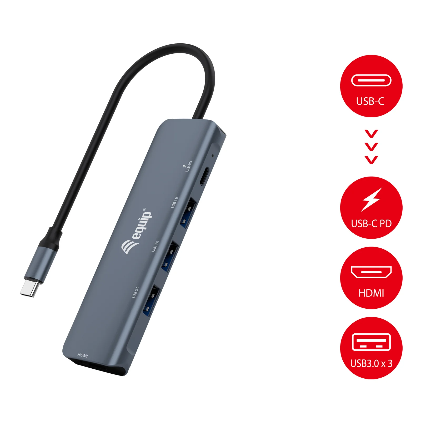 Equip Adaptateur multifonction USB-C 5 en 1, HDMI, USB 3.2 GEN1, 100W USB PD