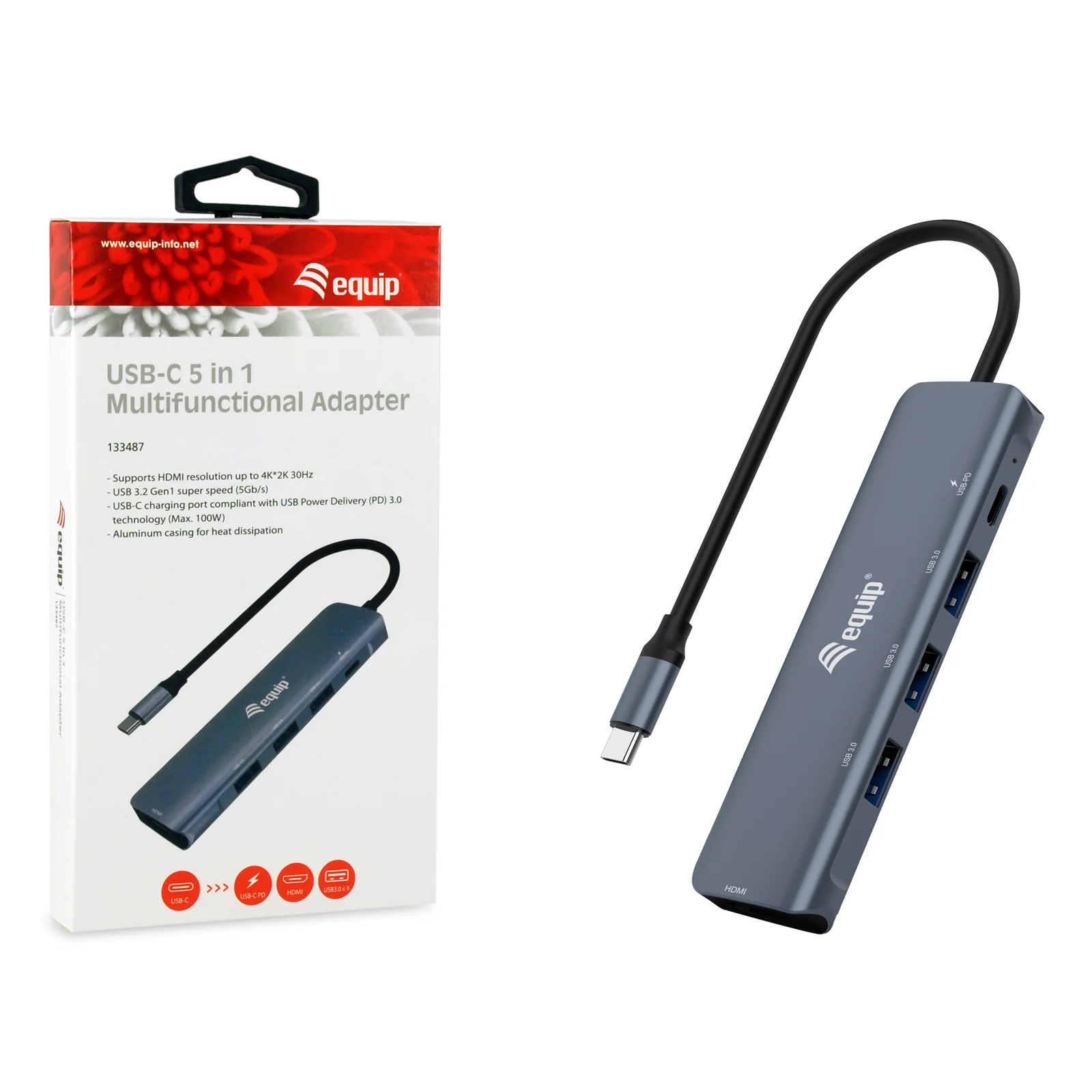 Equip Adaptateur multifonction USB-C 5 en 1, HDMI, USB 3.2 GEN1, 100W USB PD