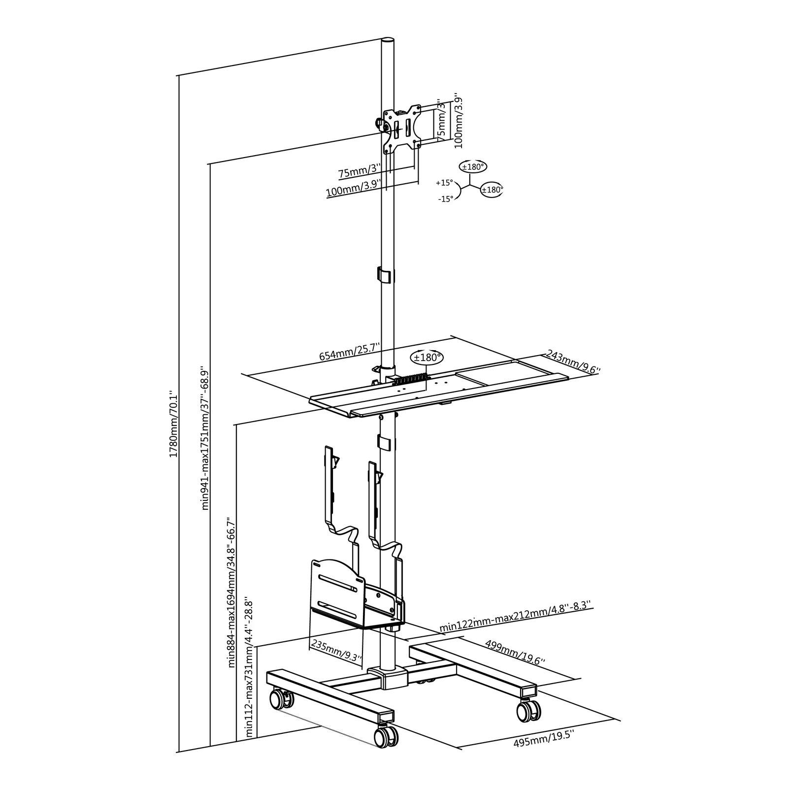 Equip Poste de travail mobile à moniteur unique 17"-32