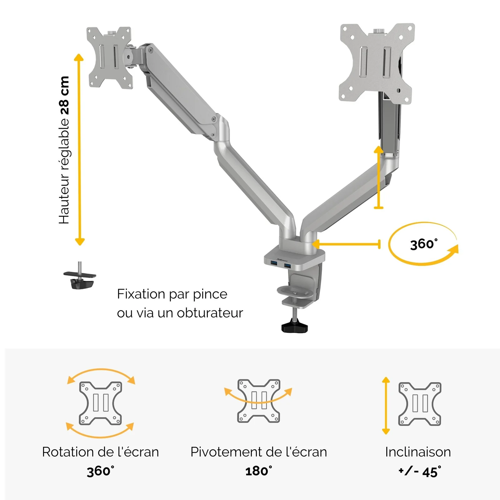 Fellowes Platinum Series Bras porte-écrans double - Argent