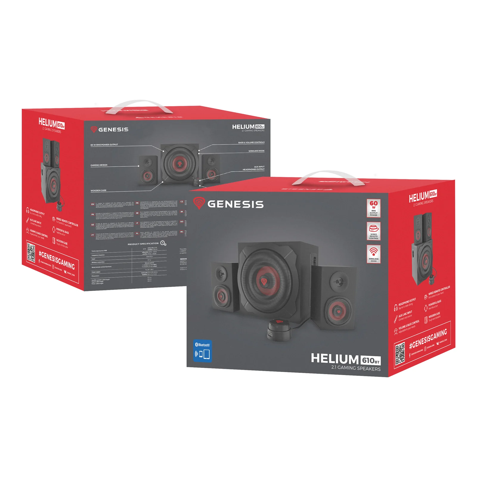 GENESIS Helium 610BT set d'enceintes 60 W PC/ordinateur portable Noir, Rouge 2.1 canaux 2-voies 30 W Bluetooth