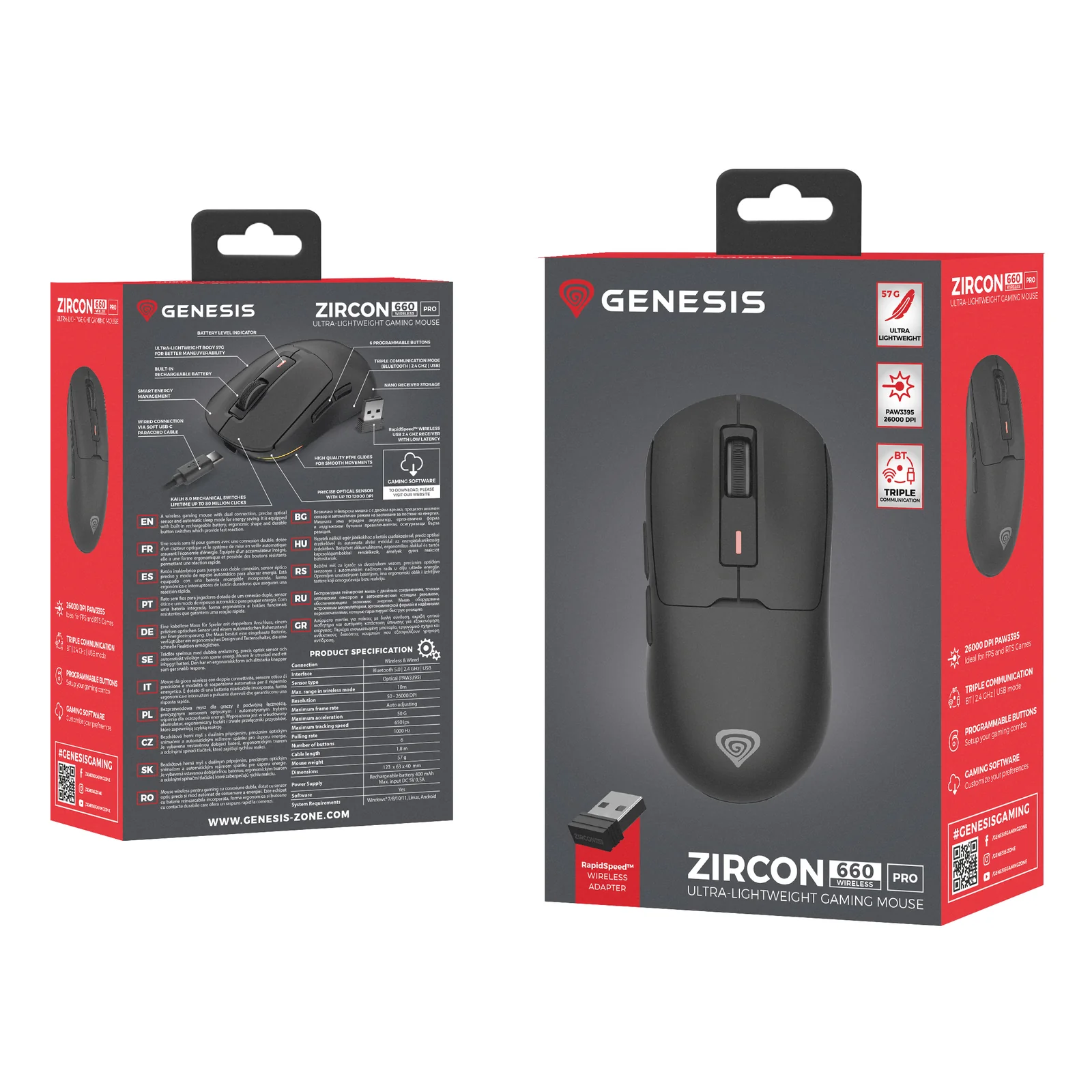 GENESIS NMG-2193 souris Gaming Ambidextre Bluetooth + USB Type-C Optique 26000 DPI