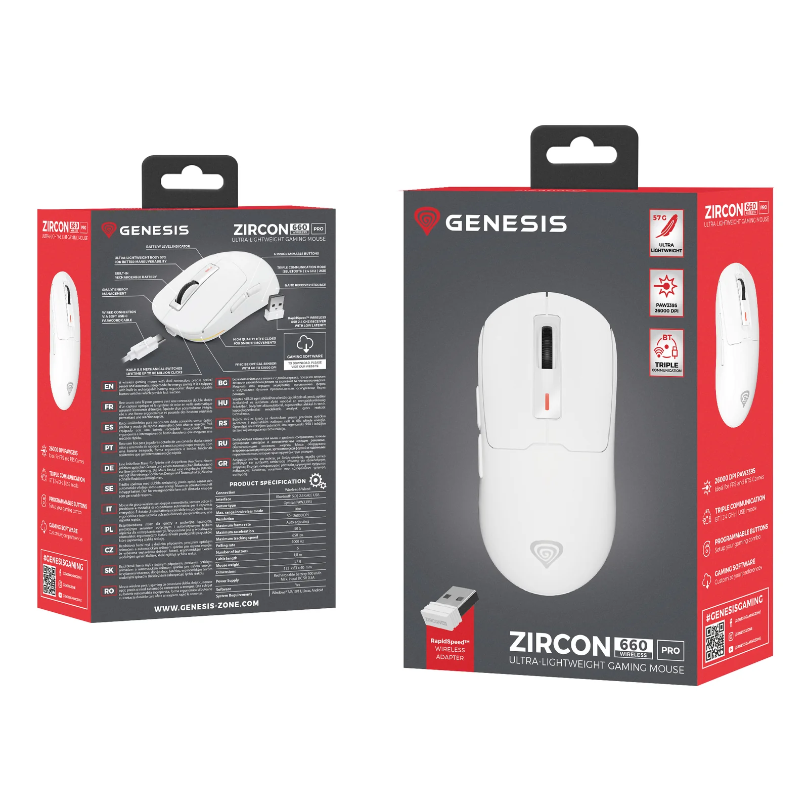 GENESIS NMG-2194 souris Gaming Ambidextre Bluetooth + USB Type-C Optique 26000 DPI