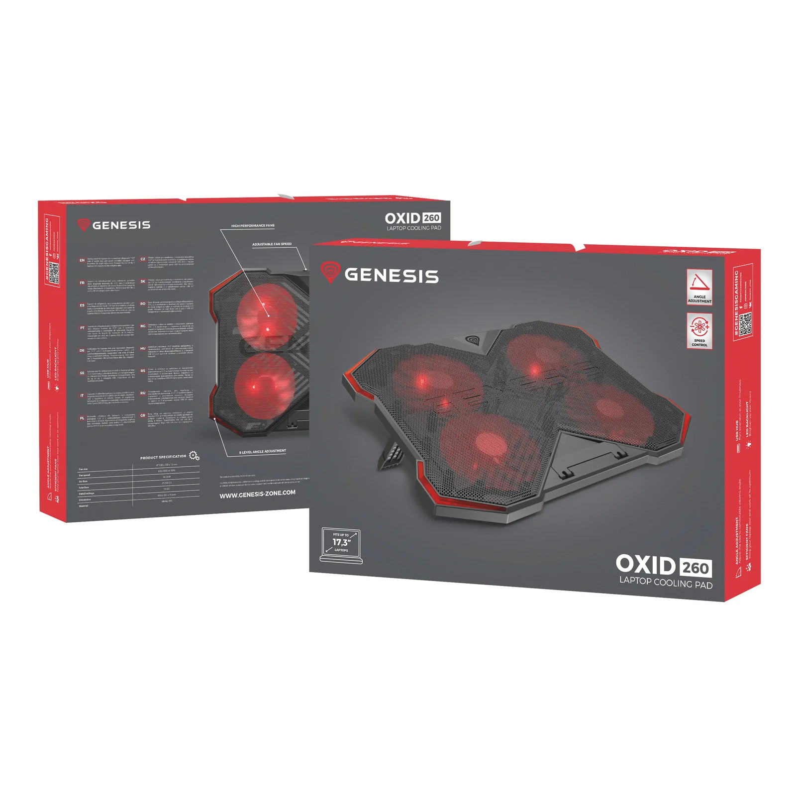GENESIS Oxid 260 système de refroidissement pour ordinateurs portables 43,9 cm (17.3") 1010 tr/min Noir, Rouge