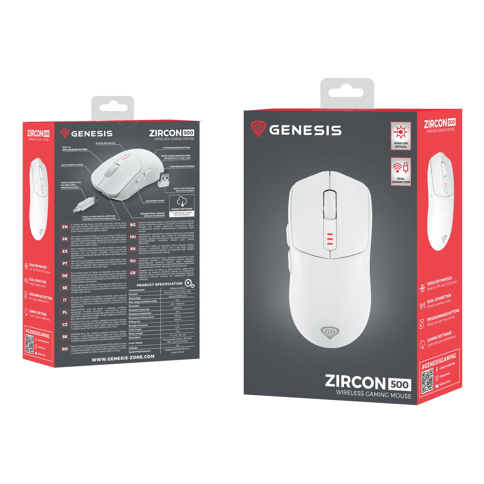 GENESIS Zircon 500 souris Gaming Droitier RF Wireless + Bluetooth + USB Type-C Optique 10000 DPI