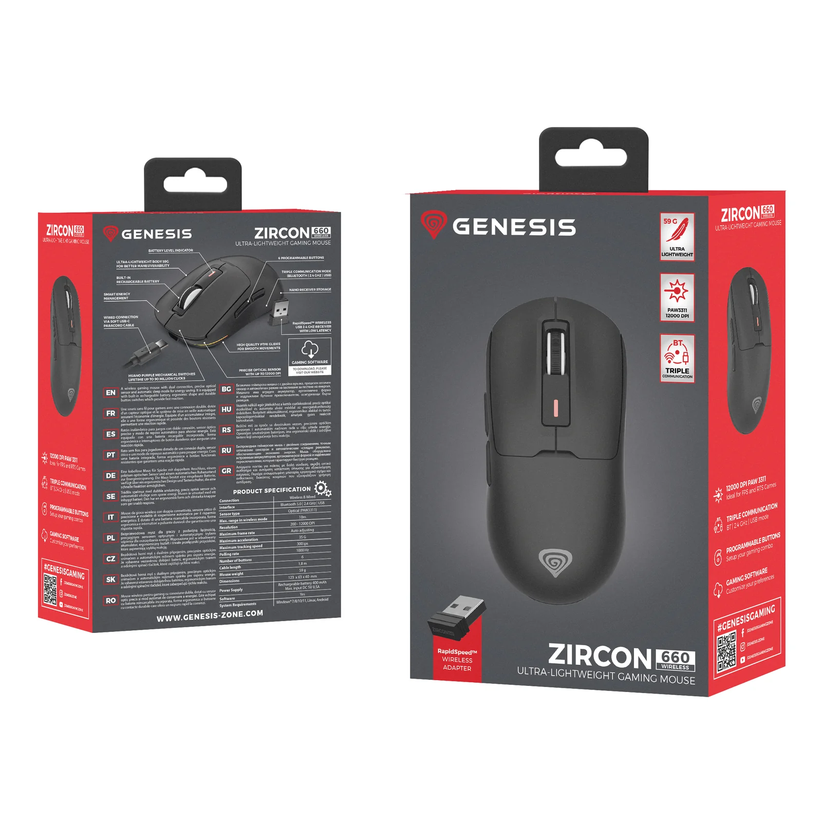 GENESIS Zircon 660 souris Gaming Droitier RF Wireless + Bluetooth + USB Type-A Optique 12000 DPI