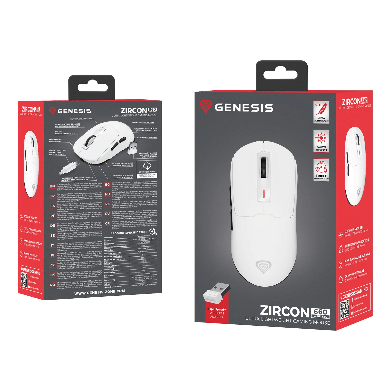 GENESIS Zircon 660 souris Gaming Droitier RF Wireless + Bluetooth + USB Type-A Optique 12000 DPI