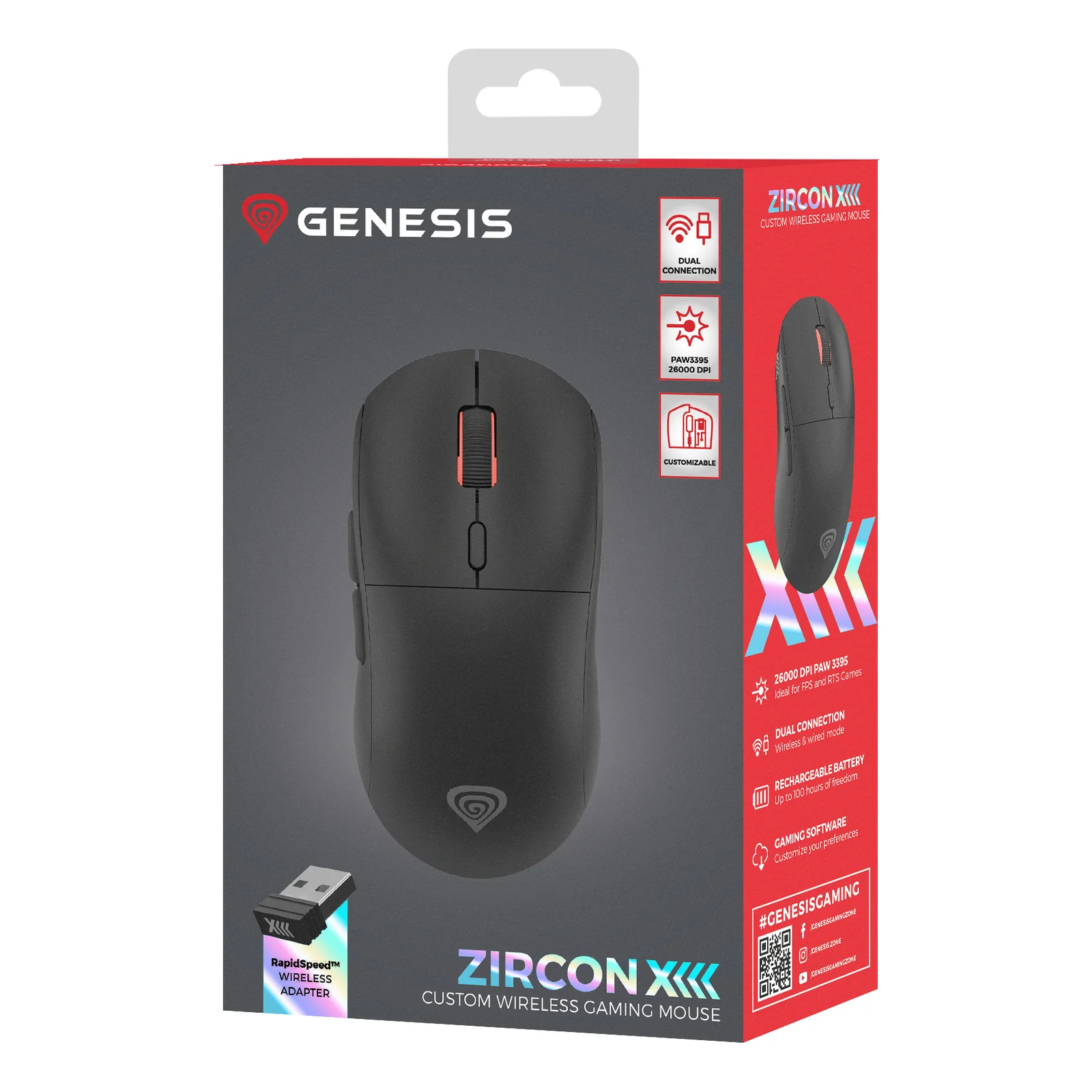 GENESIS Zircon XIII souris Gaming Ambidextre RF Wireless + USB Type-C Optique 26000 DPI