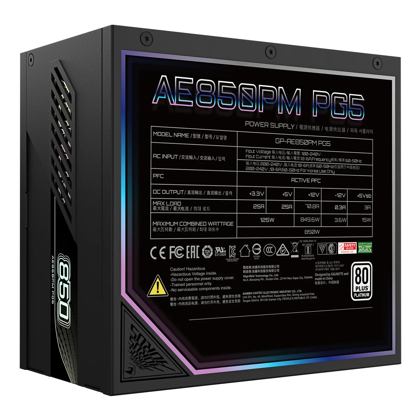GIGABYTE AORUS ELITE P850W Alimentation - PCIe 5.0, 80 PLUS Platinum, Conception entièrement modulaire, Ventilateur de 120 mm, Compatible ATX 3.0, Prise EU
