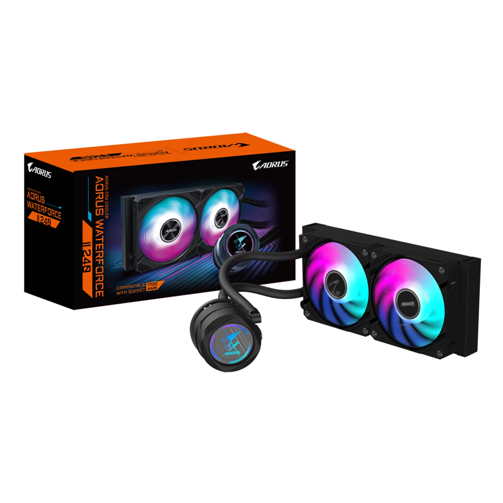 AORUS WATERFORCE II 240 Refroidisseur liquide pour processeur AIO - 2x ventilateurs ARGB de 120 mm, mécanisme d'emboîtement coulissant, DAISY-CHAIN, compatible avec Intel LGA 1851 et AMD AM5
