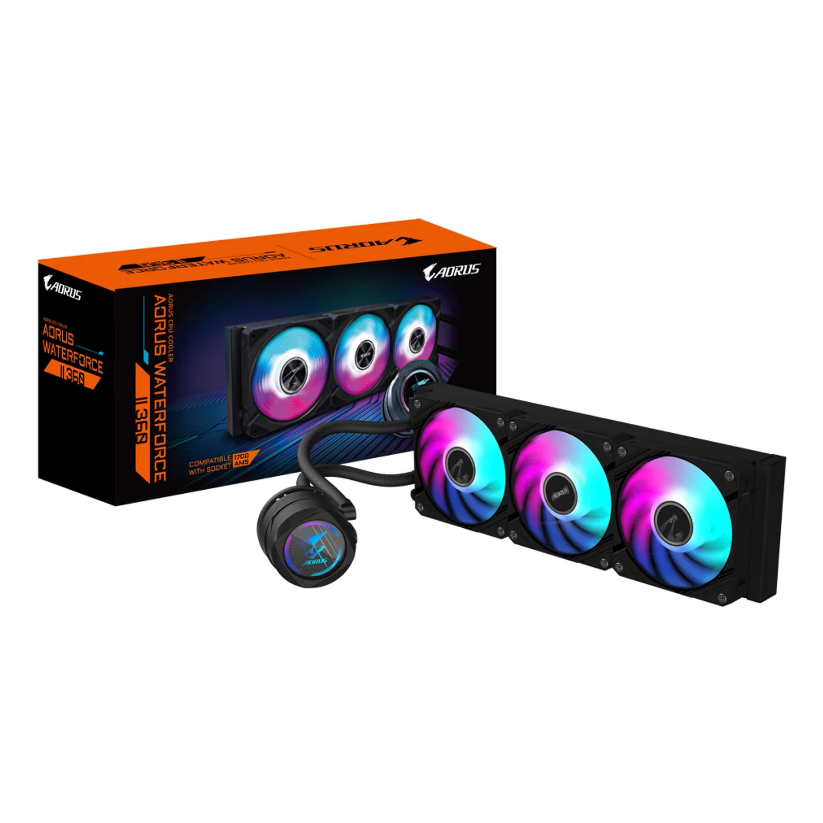 AORUS WATERFORCE II 360 AIO Refroidisseur liquide pour processeur - 3x ventilateurs ARGB de 120 mm, mécanisme d'emboîtement, DAISY-CHAIN, compatible avec Intel LGA 1851 et AMD AM5