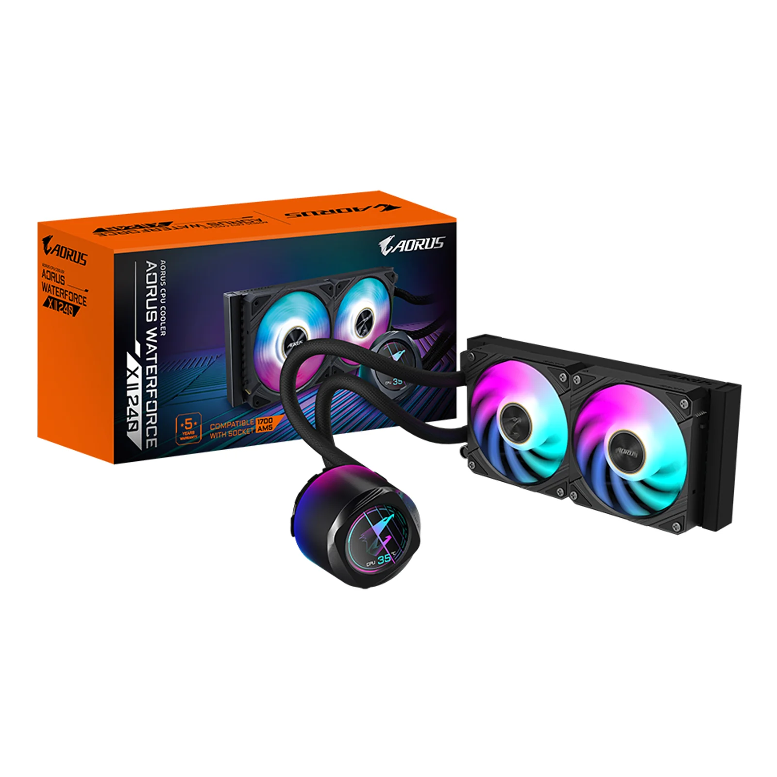 AORUS WATERFORCE X II 240 Refroidisseur liquide pour processeur AIO - 2x ventilateurs ARGB de 120 mm, écran LCD en couleur, DAISY-CHAIN, compatible avec Intel LGA 1851 et AMD AM5