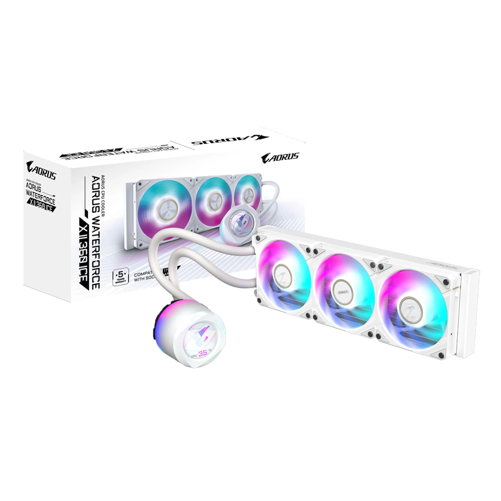 AORUS WATERFORCE X II 360 ICE Refroidisseur liquide pour processeur AIO - 3x ventilateurs ARGB de 120 mm, écran LCD en couleur, DAISY-CHAIN, compatible avec Intel LGA 1851 et AMD AM5