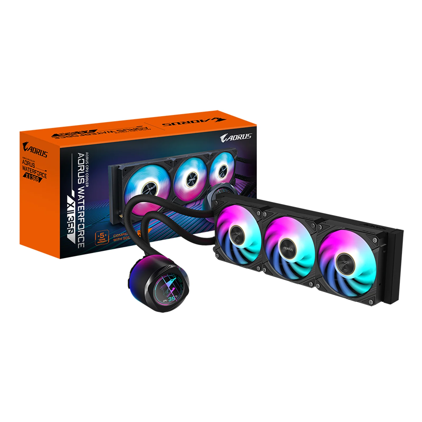 GIGABYTE AORUS WATERFORCE X II 360 Refroidisseur liquide pour processeur AIO - 3x ventilateurs ARGB de 120 mm, écran LCD en couleur, DAISY-CHAIN, compatible avec Intel LGA 1851 et AMD AM5
