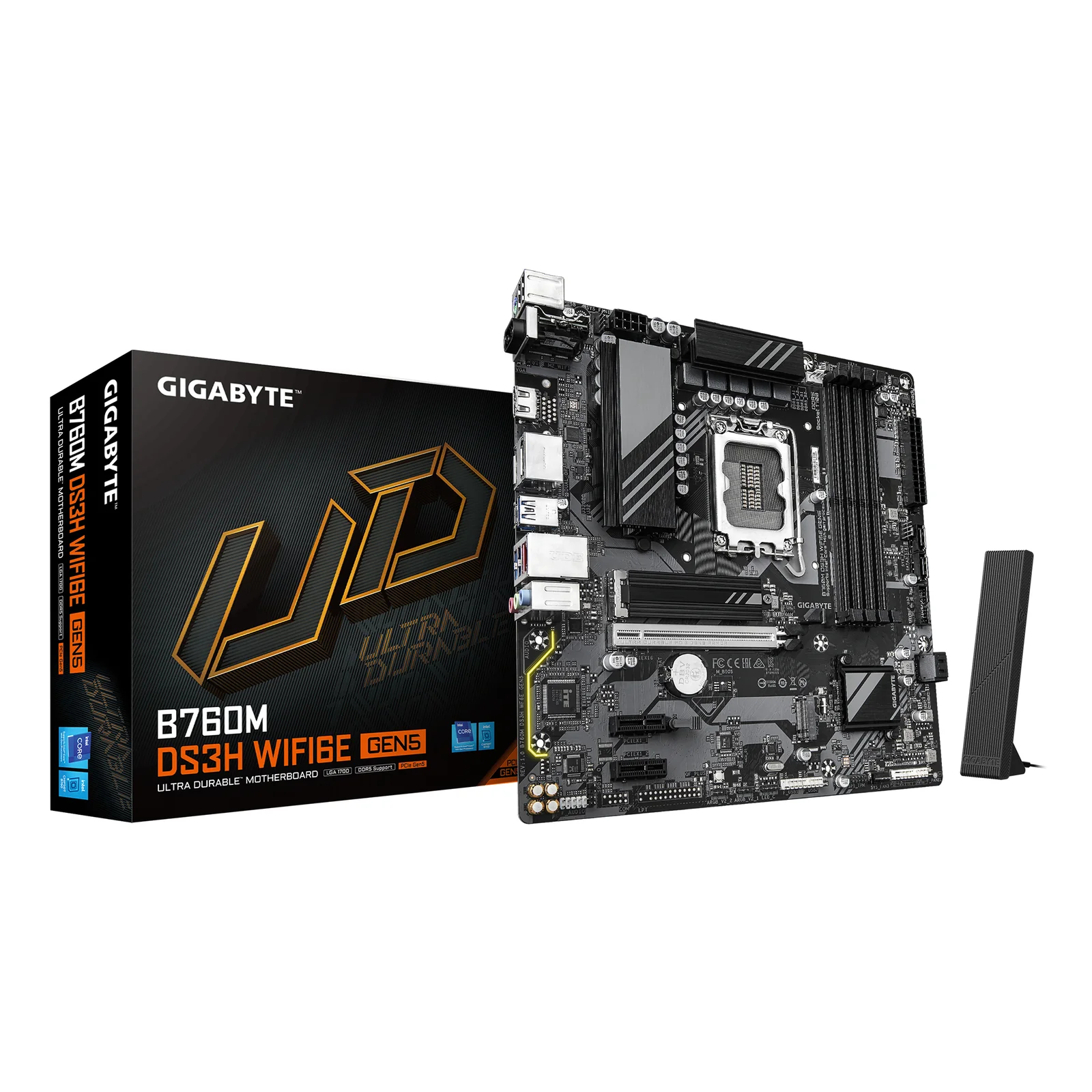 B760M DS3H WIFI6E GEN5 Carte Mère – Compatible avec les processeurs Intel Core 14e génération, VRM numérique 6+2+1 phases, jusqu’à 5600 MHz DDR5, 2 x M.2 PCIe 4.0, Wi-Fi 6E, LAN 2.5 GbE, USB 3.2 Gen2